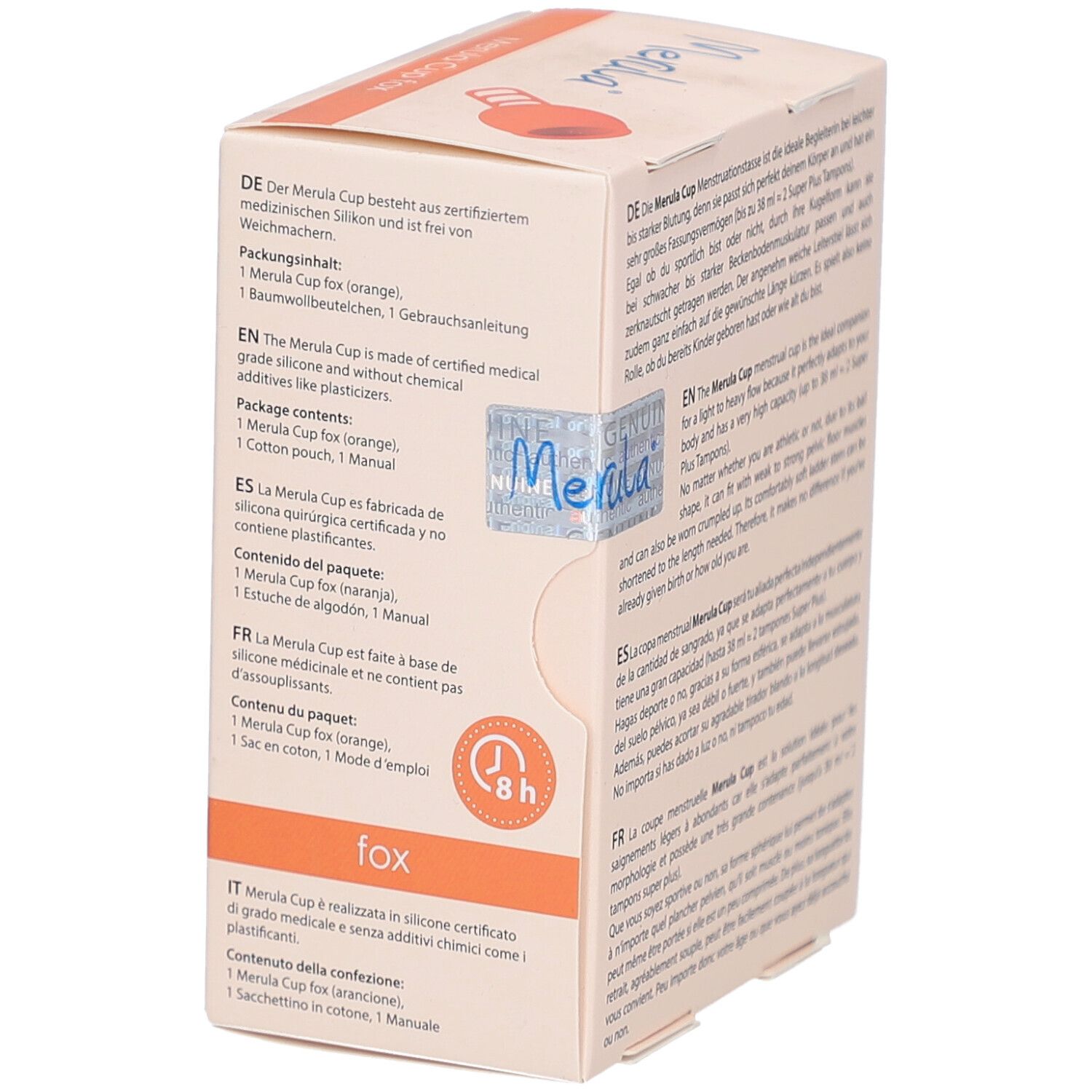 Boîte Merula Cup fox. Texte multilingue. Logo 8h. Contenu: coupe, sac, manuel.