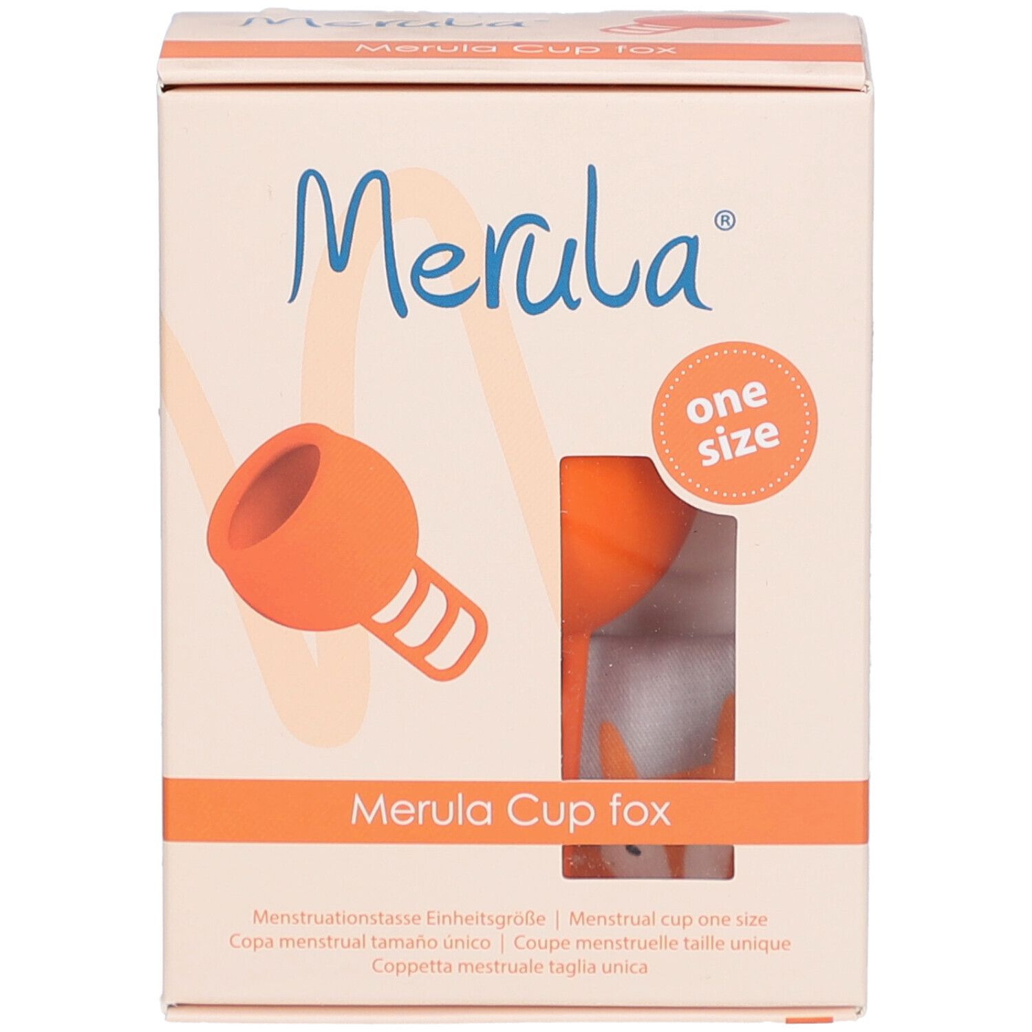 Boîte Merula Cup fox. Coupe menstruelle orange visible. Texte: One Size.
