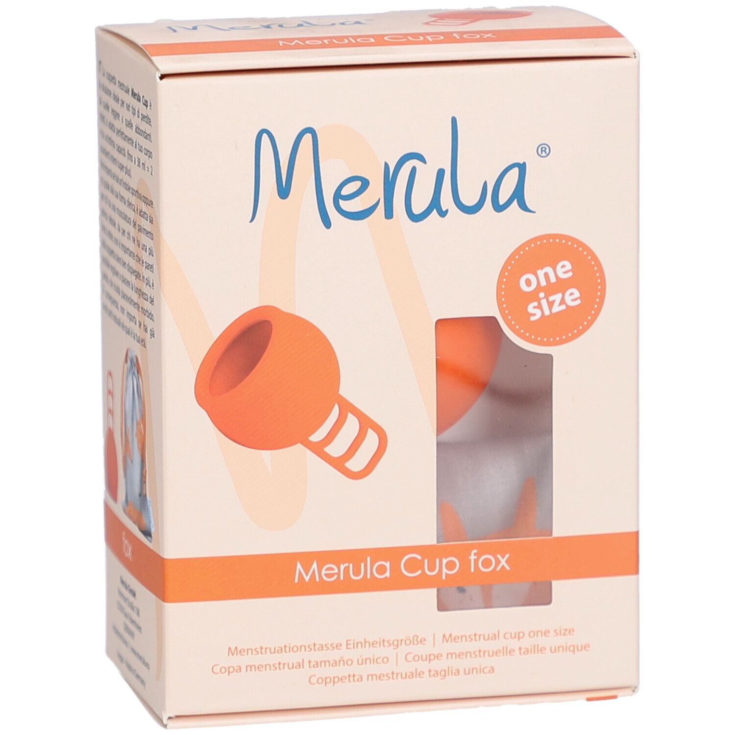 Boîte Merula Cup fox. Coupe menstruelle orange visible. Texte: One Size.