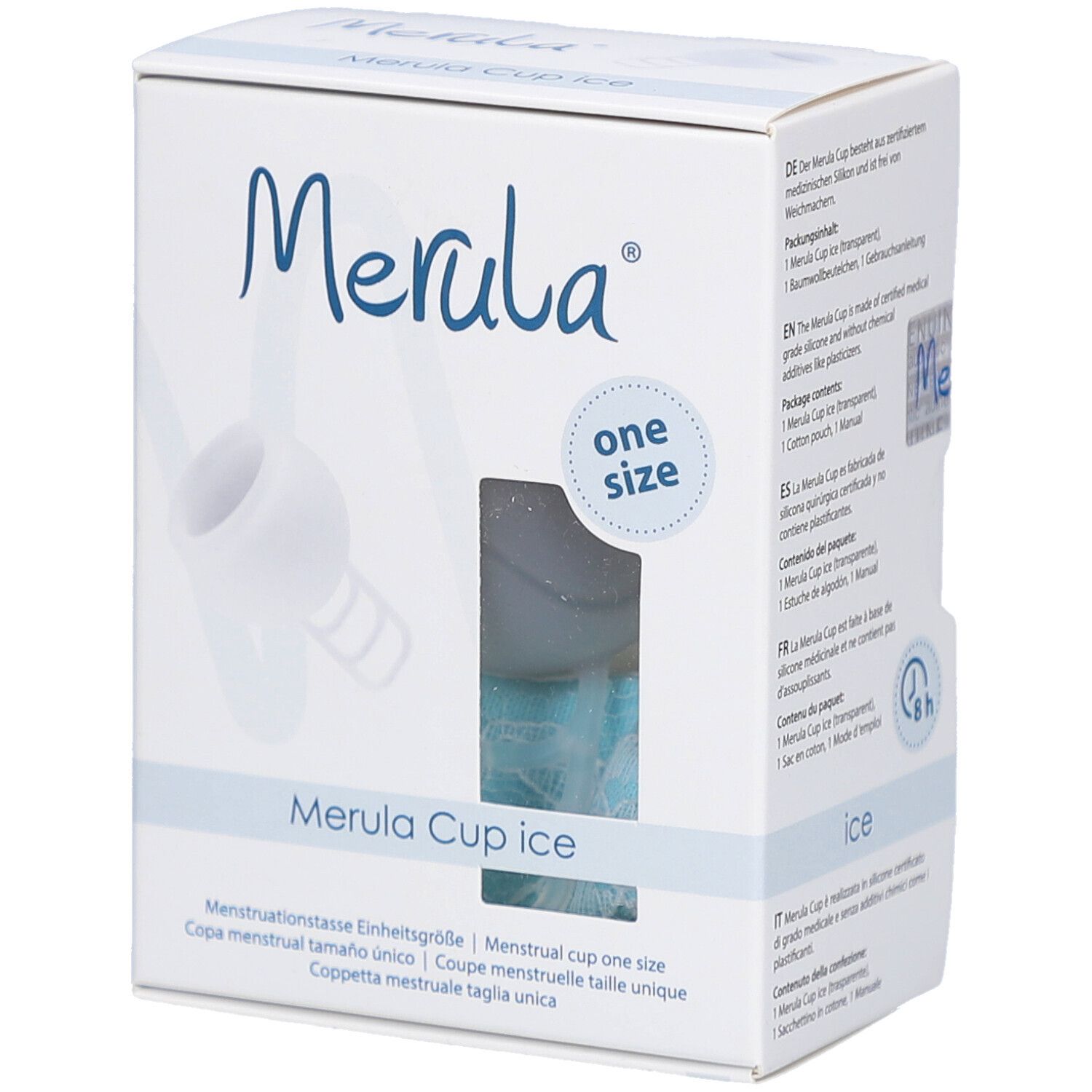 Boîte blanche avec logo Merula et illustration du produit. Fenêtre montrant la coupe menstruelle. Texte: Merula Cup ice, taille unique.