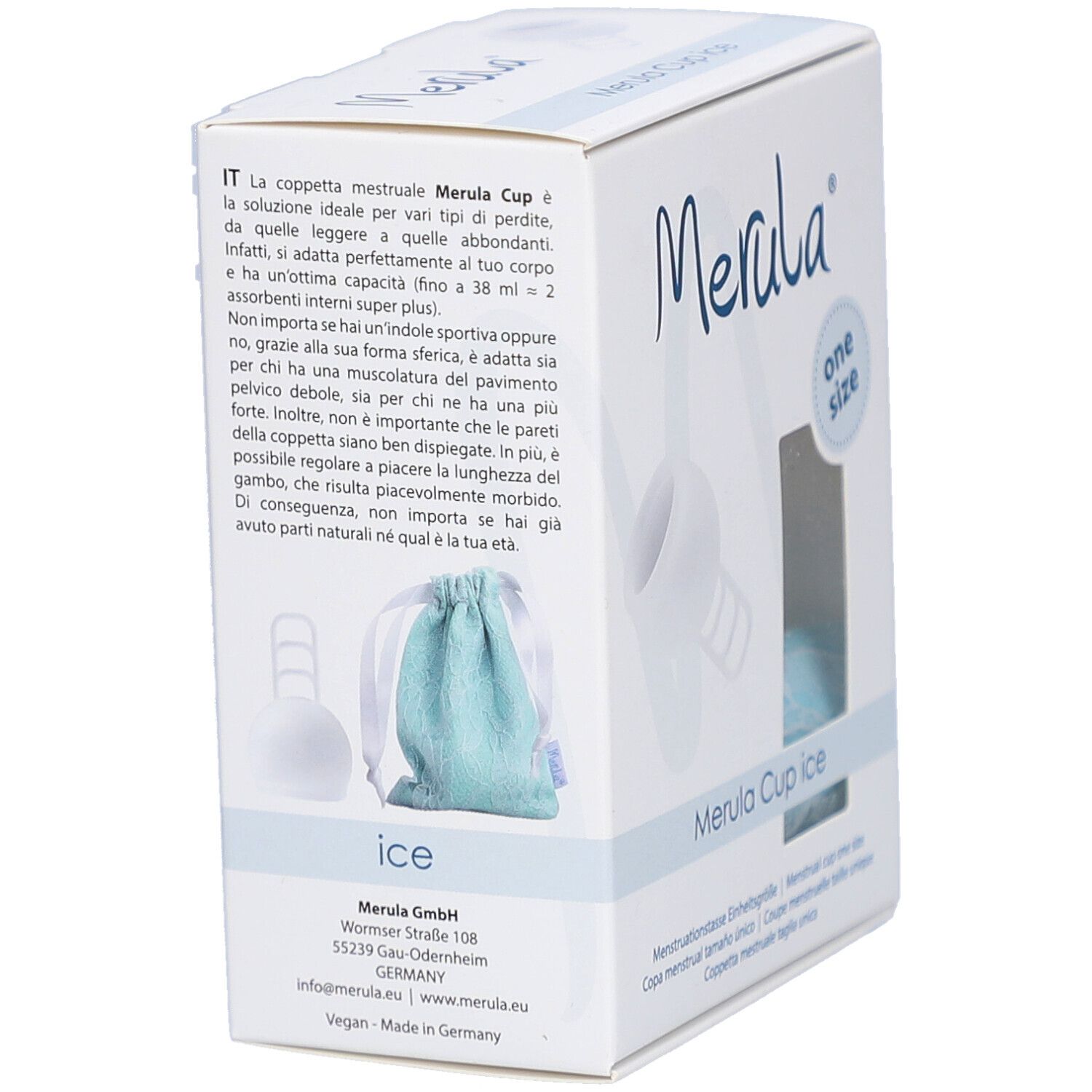 Boîte Merula Cup en biais. Fenêtre avec coupe menstruelle et pochette. Texte sur le côté.