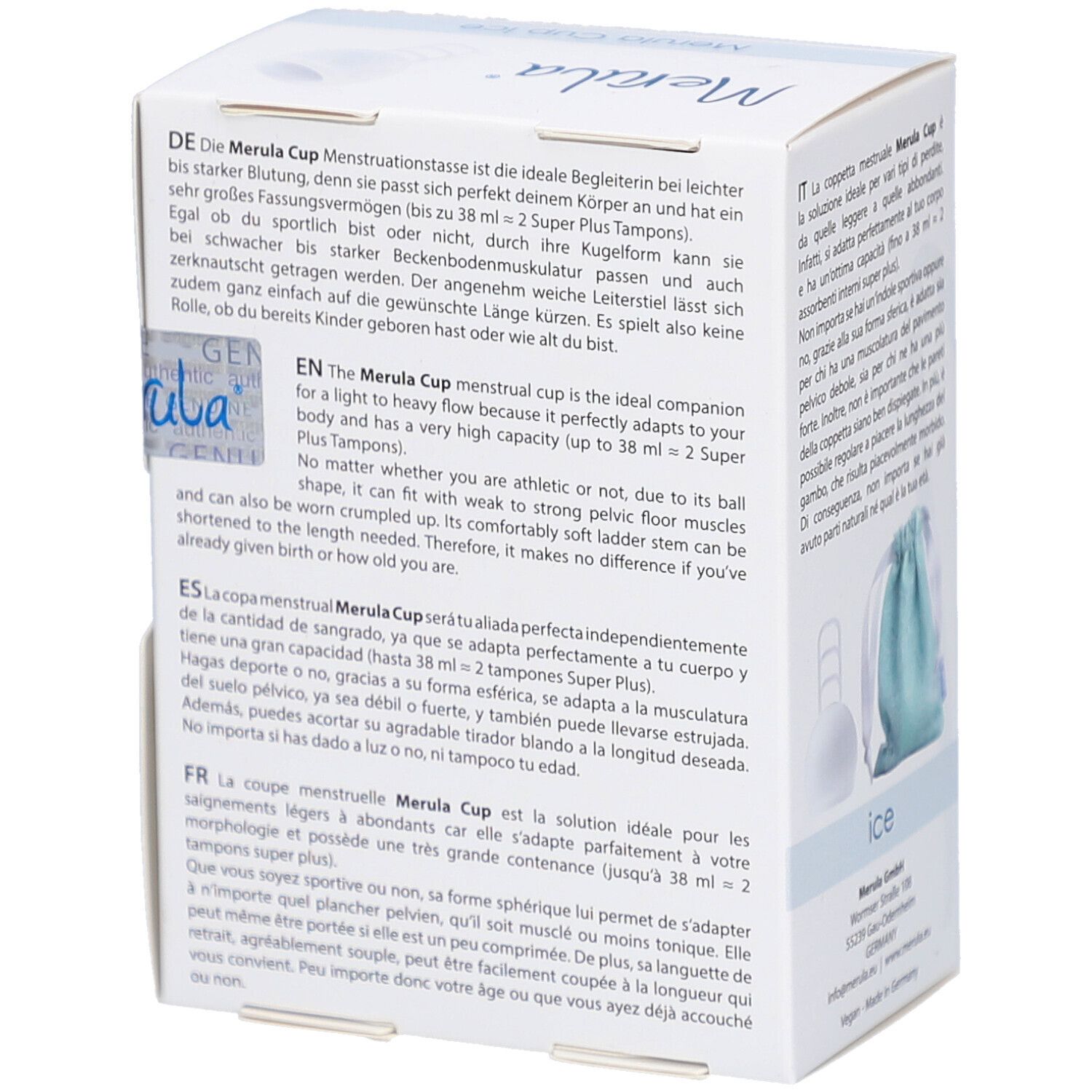 Dos de l'emballage Merula Cup. Texte multilingue. Nom du produit et logo.