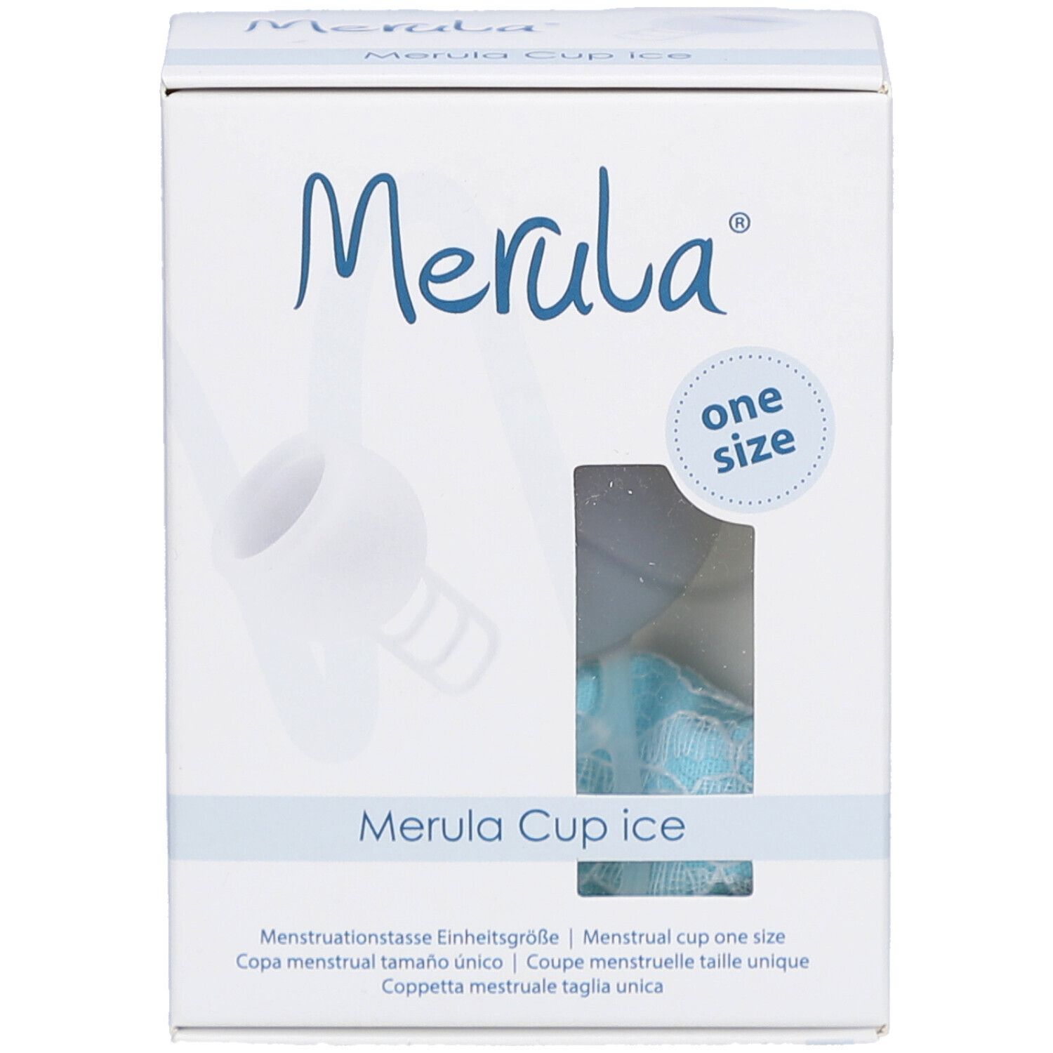 Boîte blanche avec logo Merula et illustration du produit. Fenêtre montrant la coupe menstruelle. Texte: Merula Cup ice, taille unique.