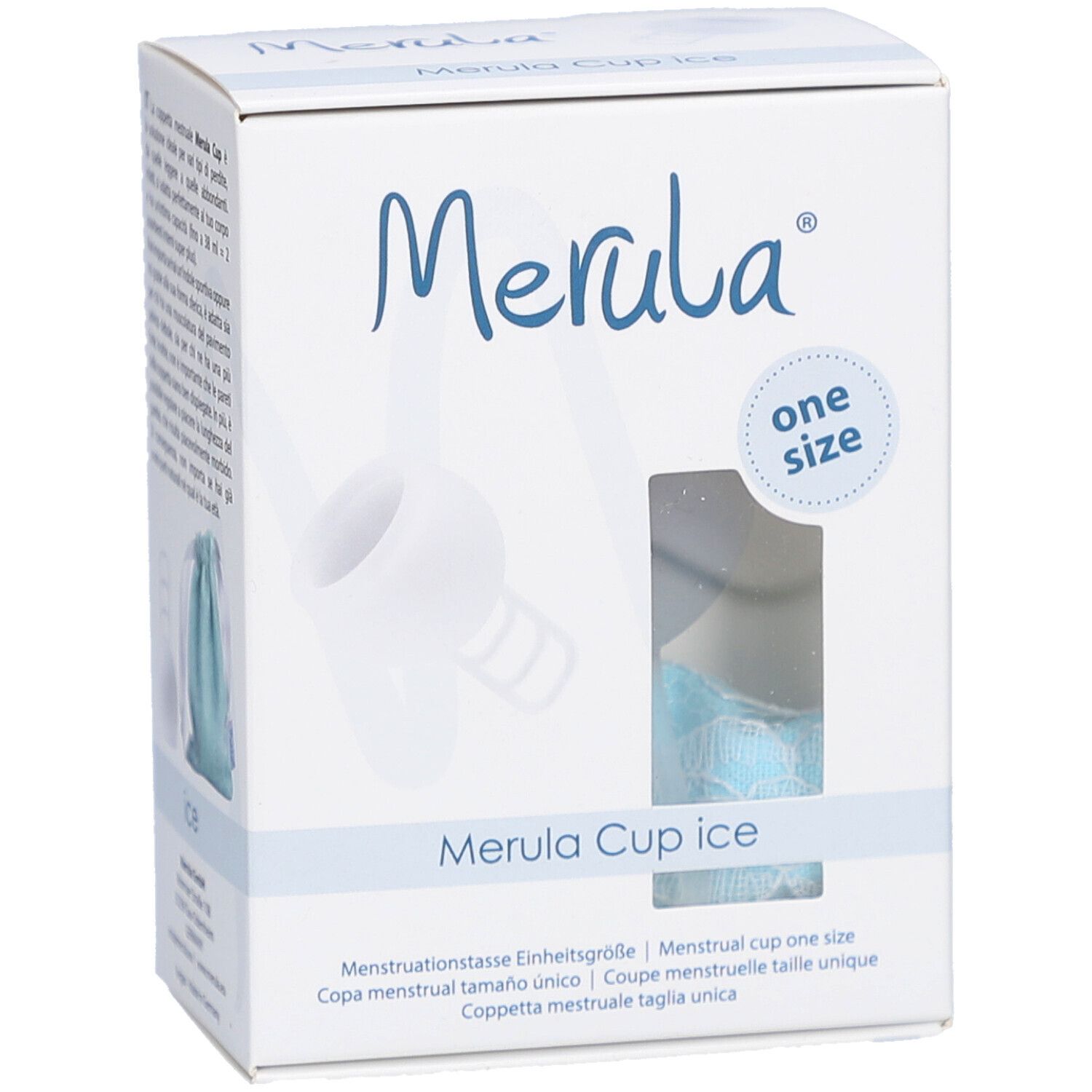 Boîte blanche avec logo Merula et illustration du produit. Fenêtre montrant la coupe menstruelle. Texte: Merula Cup ice, taille unique.