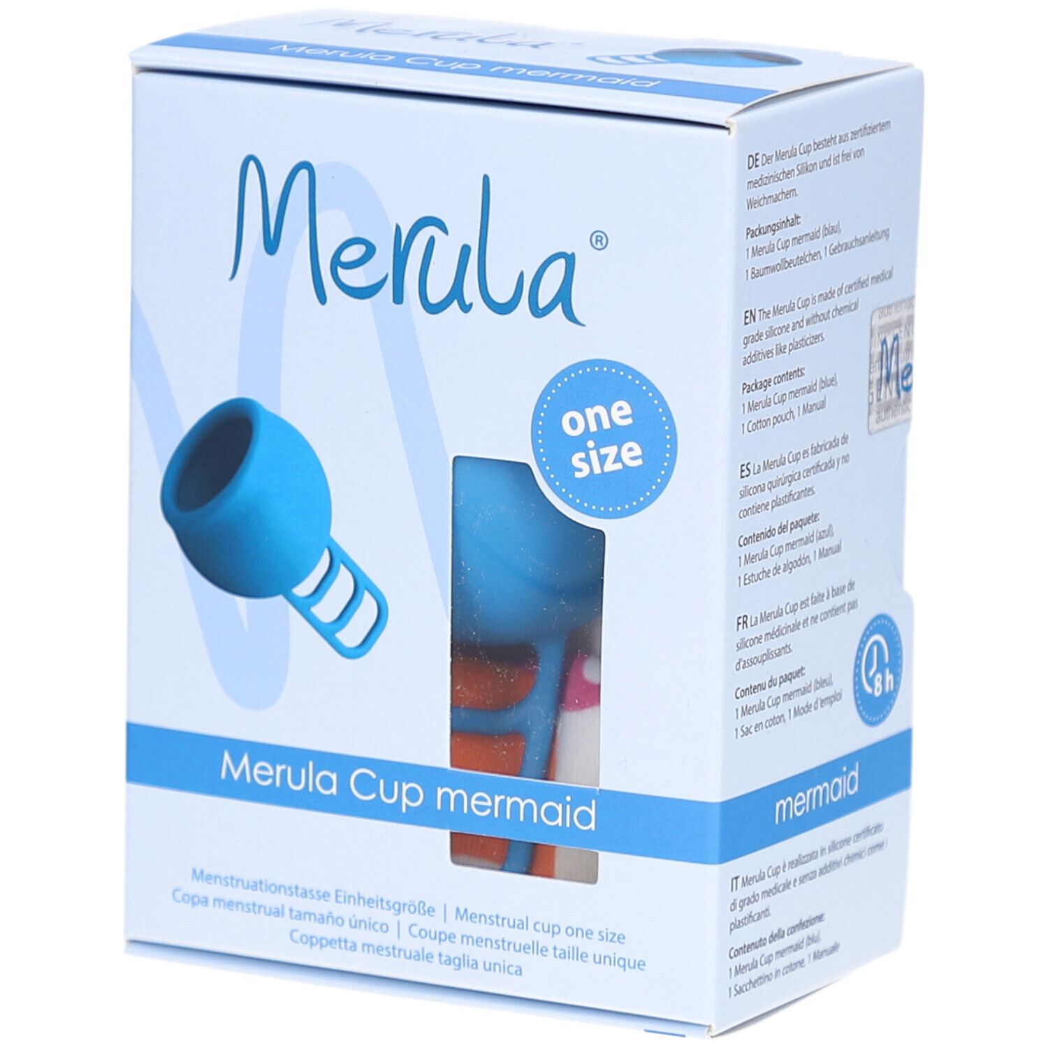 Boîte Merula Cup mermaid bleue. Fenêtre montrant la coupe menstruelle. Texte et logo sur l'emballage.