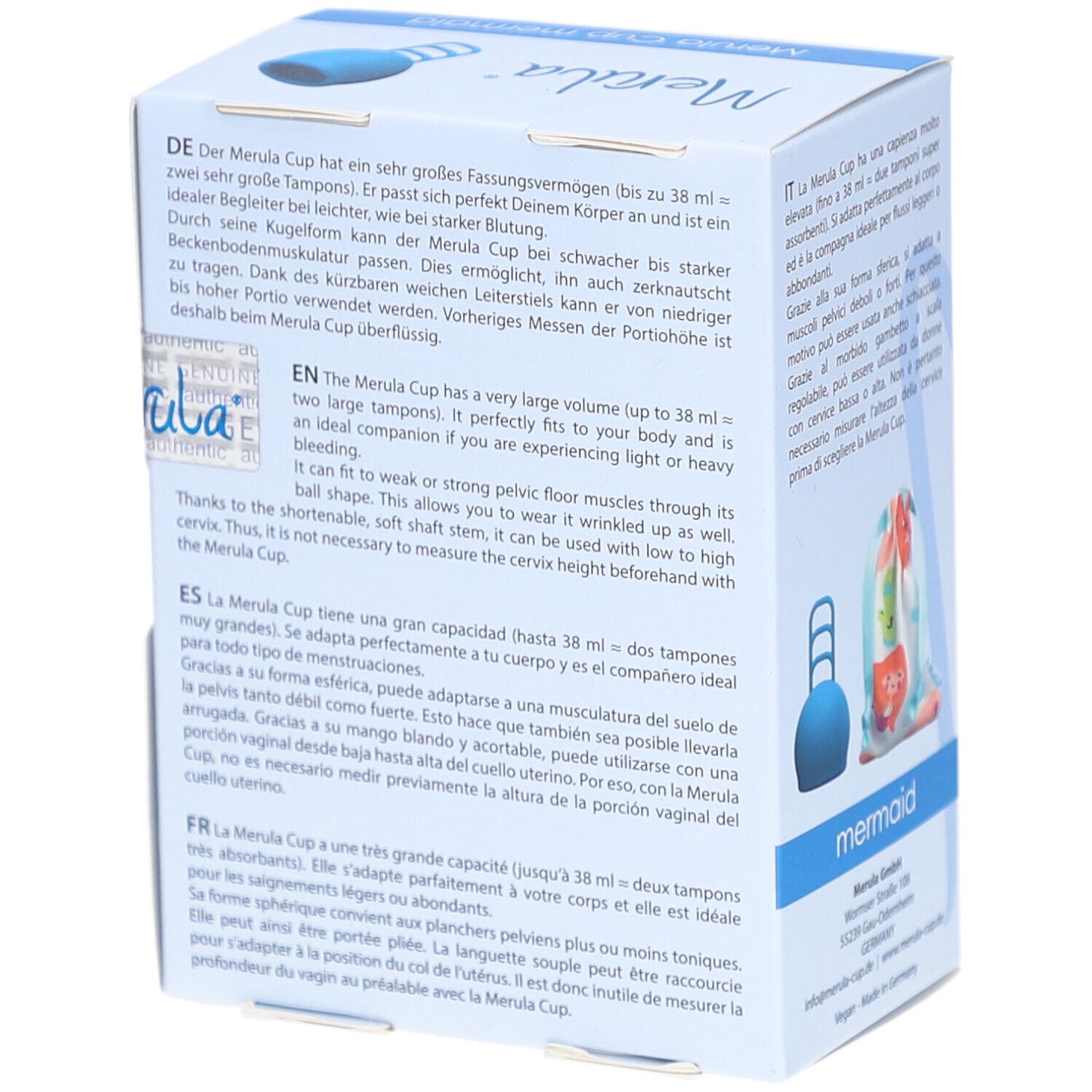 Dos de la boîte Merula Cup mermaid. Texte multilingue. Coupe menstruelle bleue illustrée.