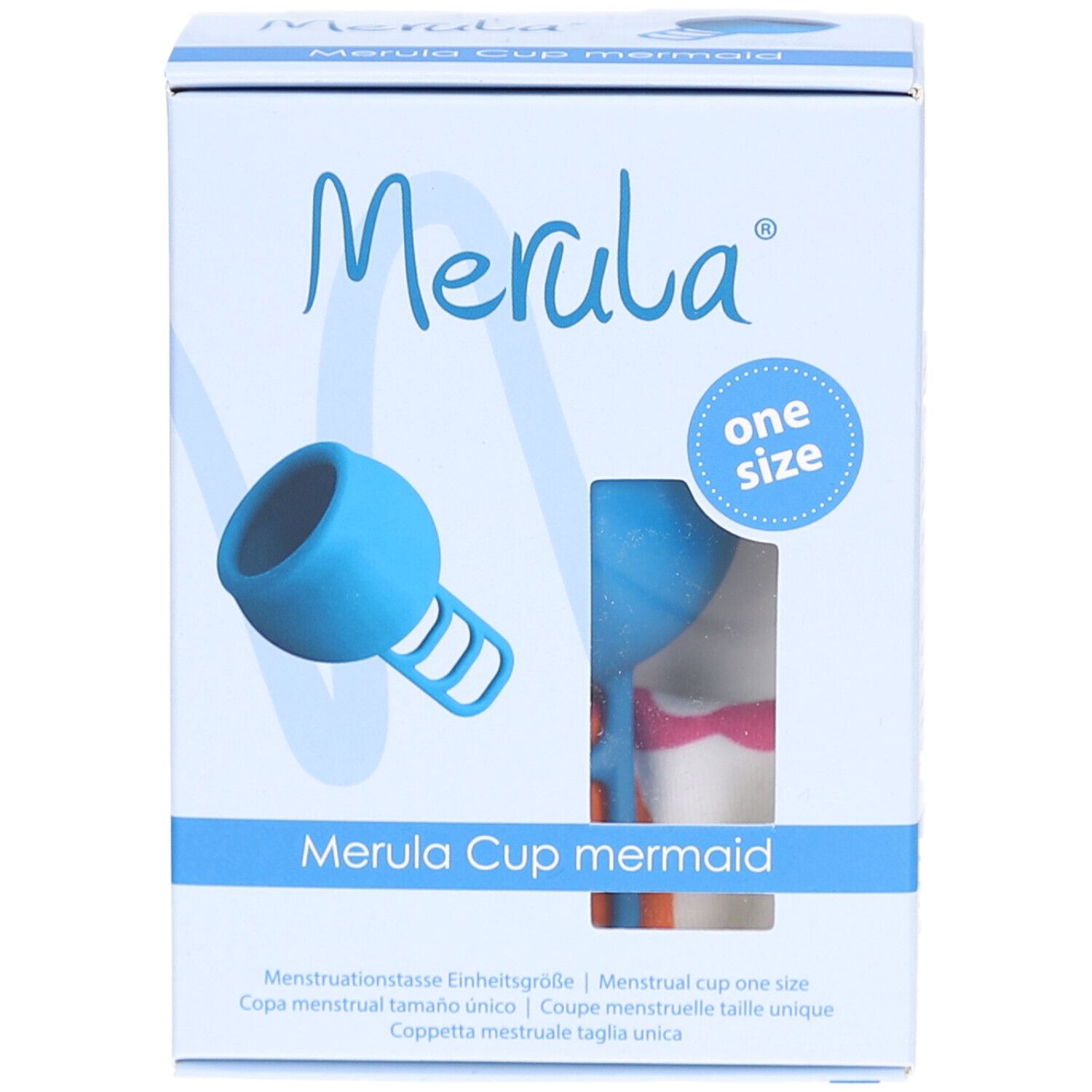 Boîte Merula Cup mermaid bleue. Fenêtre montrant la coupe menstruelle. Texte et logo sur l'emballage.