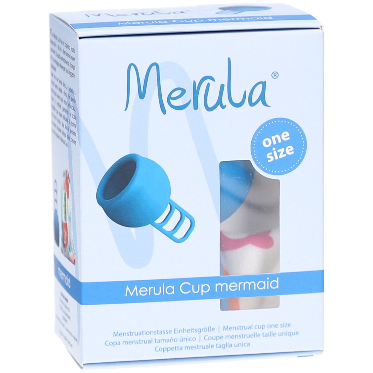 Boîte Merula Cup mermaid bleue. Fenêtre montrant la coupe menstruelle. Texte et logo sur l'emballage.