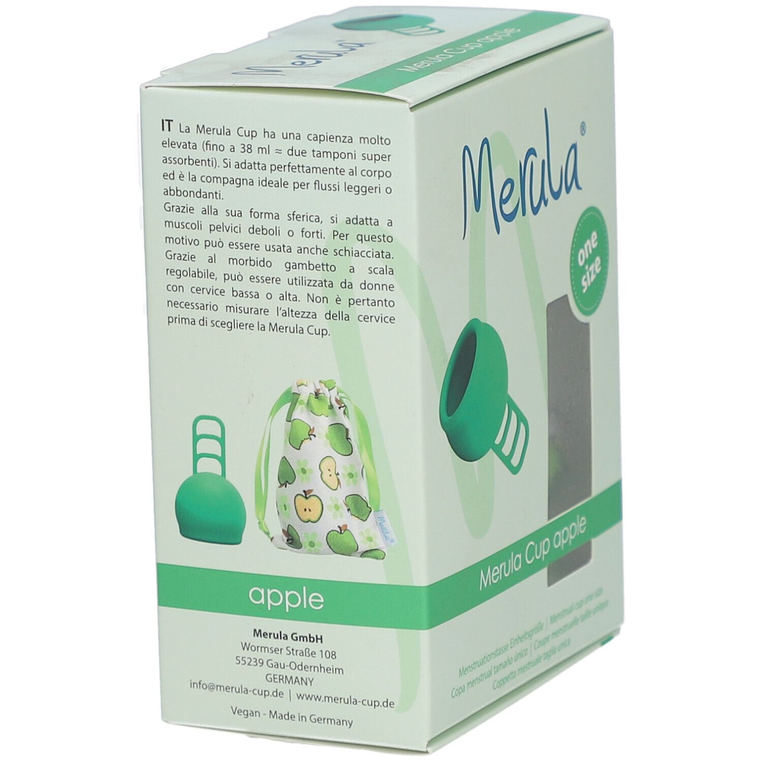 Boîte avec coupe menstruelle verte et pochette. Inscription: Merula Cup apple.