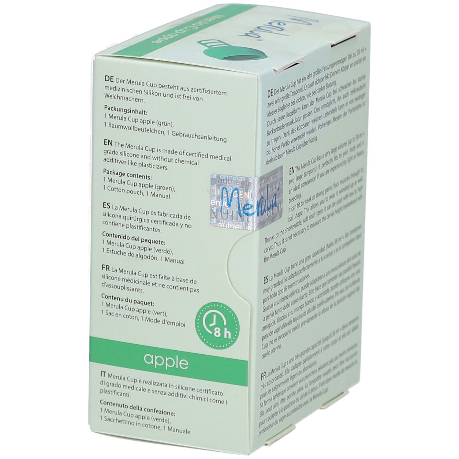 Boîte avec texte. Inscription: Merula Cup apple. Contenu: coupe, pochette, mode d'emploi.