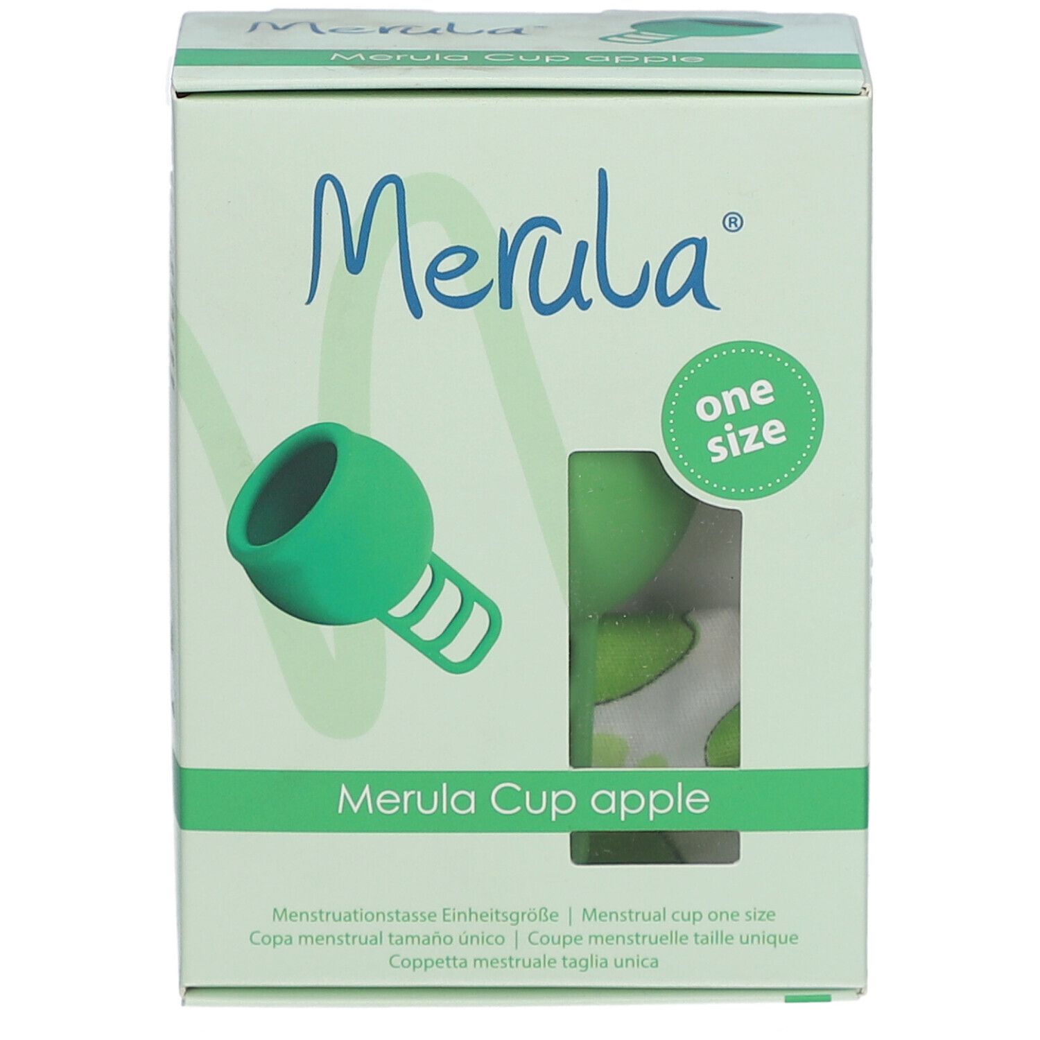 Boîte avec coupe menstruelle verte. Inscription: Merula Cup apple, taille unique.