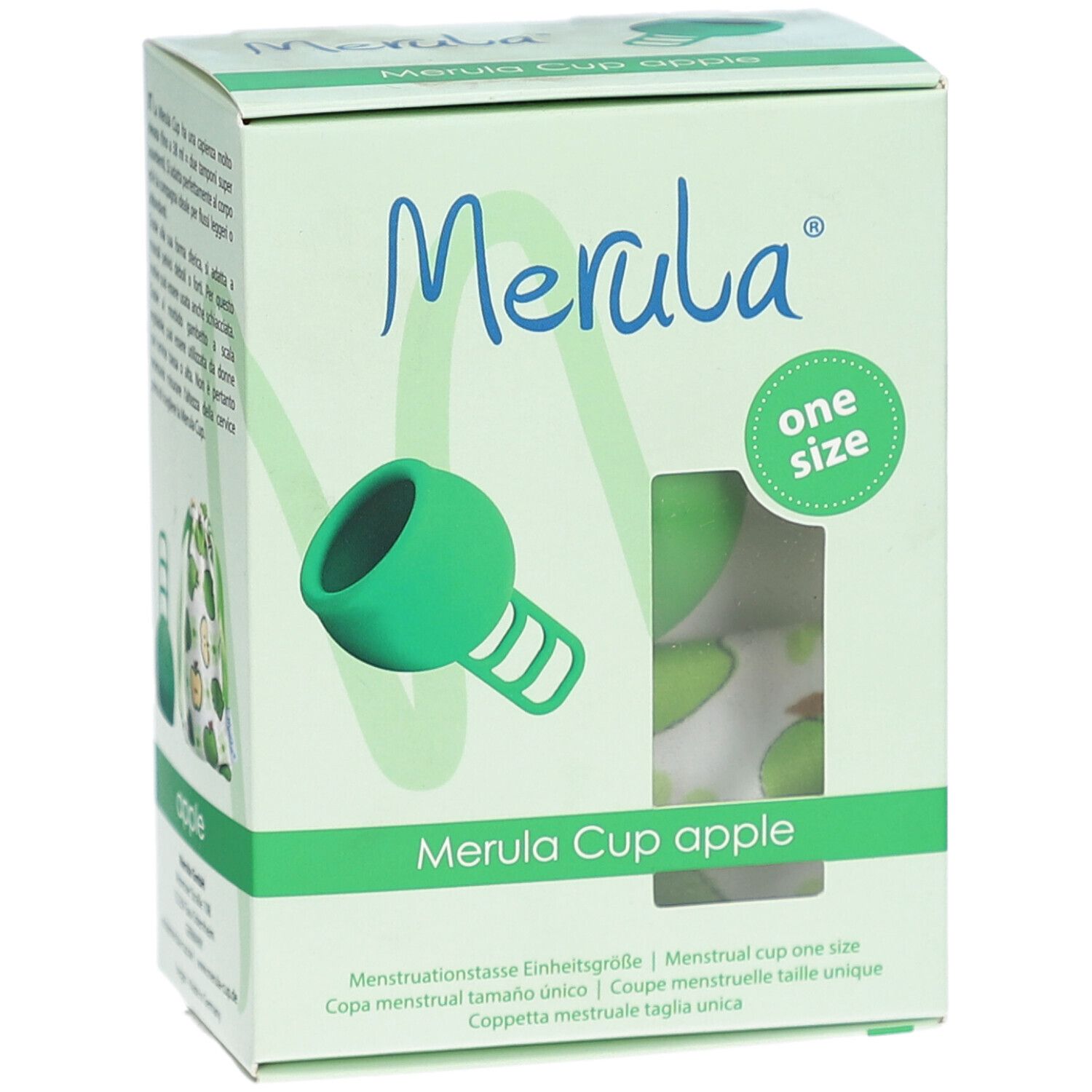 Boîte avec coupe menstruelle verte. Inscription: Merula Cup apple, taille unique.