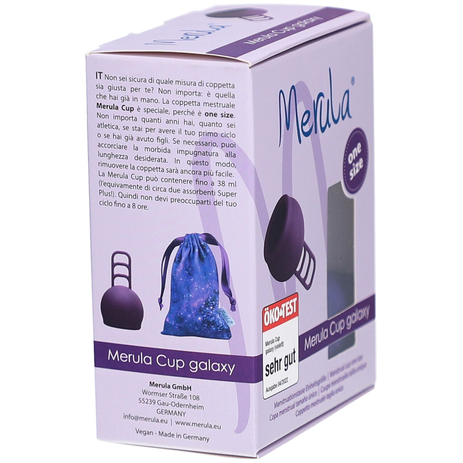 Vue latérale de la boîte Merula Cup Galaxy. Produit, sac et logo. "One size" et le sceau Öko-Test.