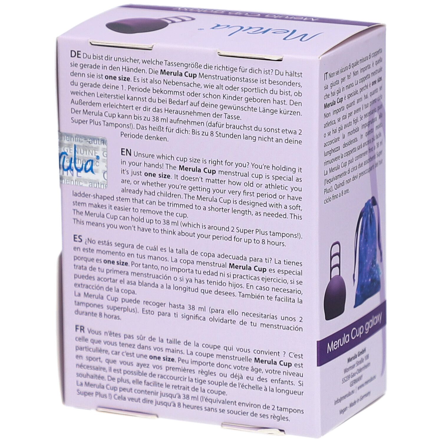 Dos de la boîte Merula Cup Galaxy. Texte en plusieurs langues. Logo et "one size".