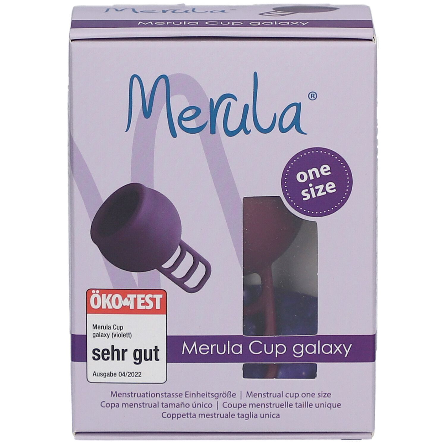 Boîte Merula Cup Galaxy (violet). Vue du produit et logo. "One size" et le sceau Öko-Test.