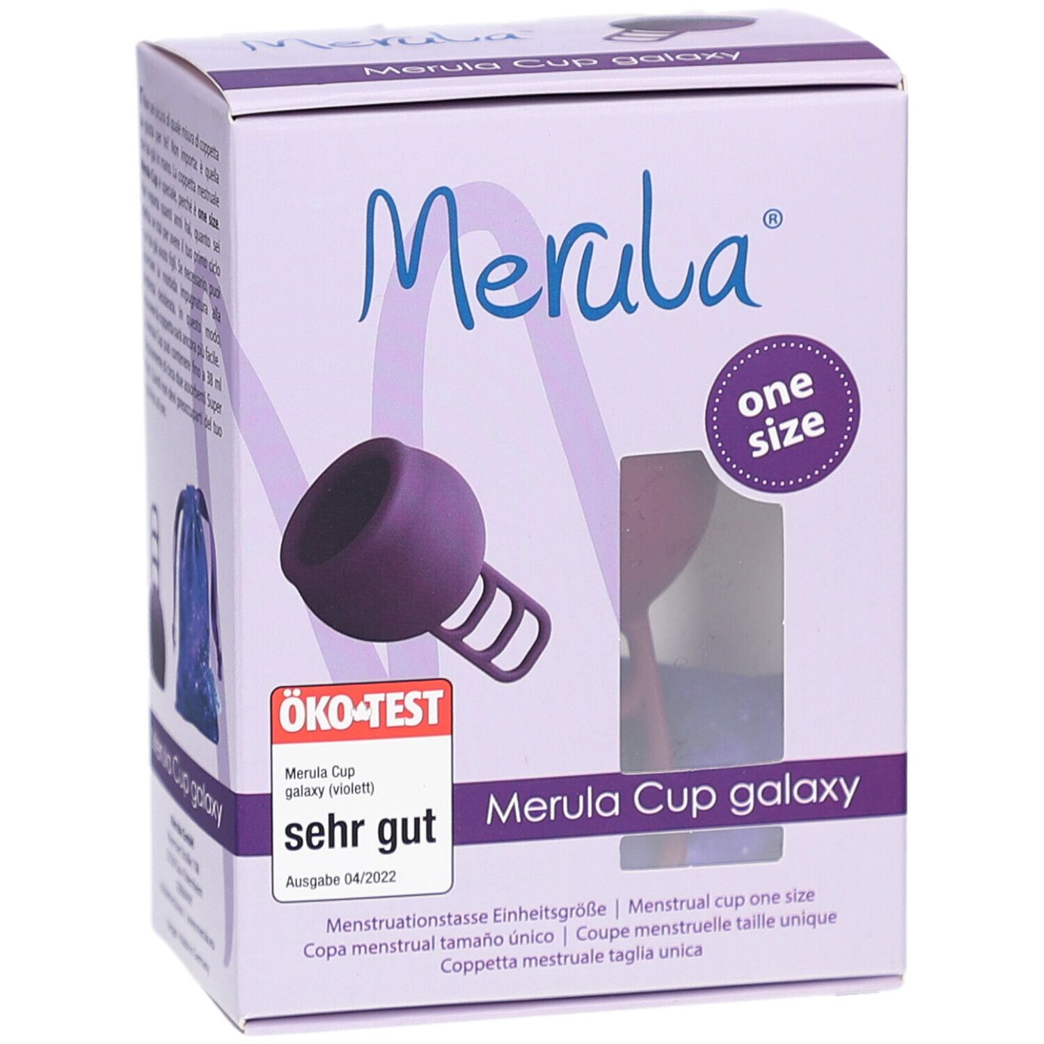 Boîte Merula Cup Galaxy (violet). Vue du produit et logo. "One size" et le sceau Öko-Test.