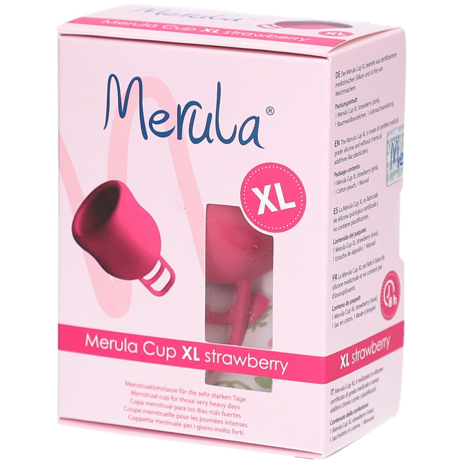 Roze Merula Cup XL in verpakking. Opschrift: Merula, XL, aardbei. Menstruatiecup. Venster met cup.