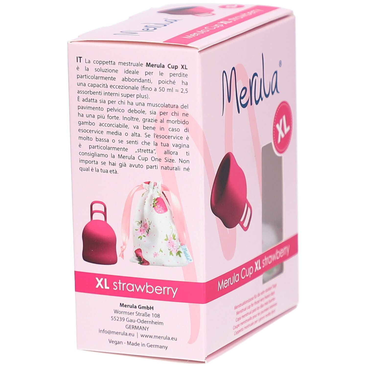 Verpakking Merula Cup XL, roze. Opschrift: Merula, XL, aardbei. Tekst op achterkant. Zakje en cup zichtbaar.