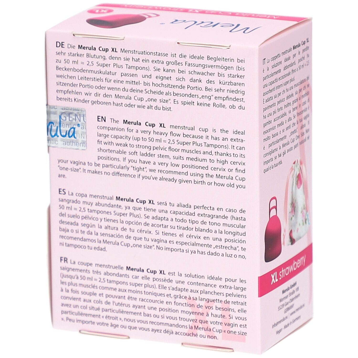 Verpakking Merula Cup XL, roze. Opschrift: Merula, XL, aardbei. Tekst op verpakking. Achteraanzicht.