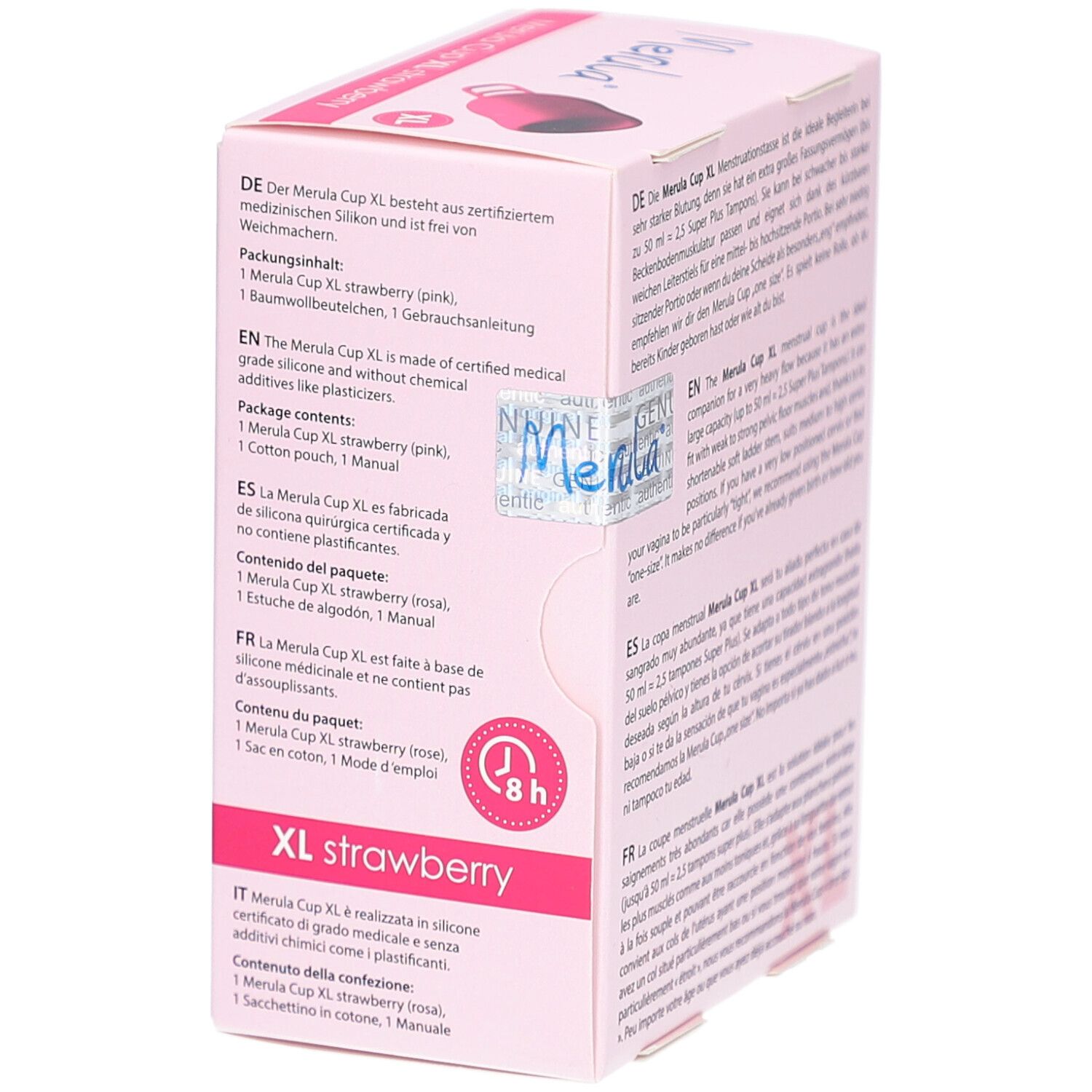 Verpakking Merula Cup XL, roze. Opschrift: Merula, XL, aardbei. Tekst op verpakking. Detailaanzicht.