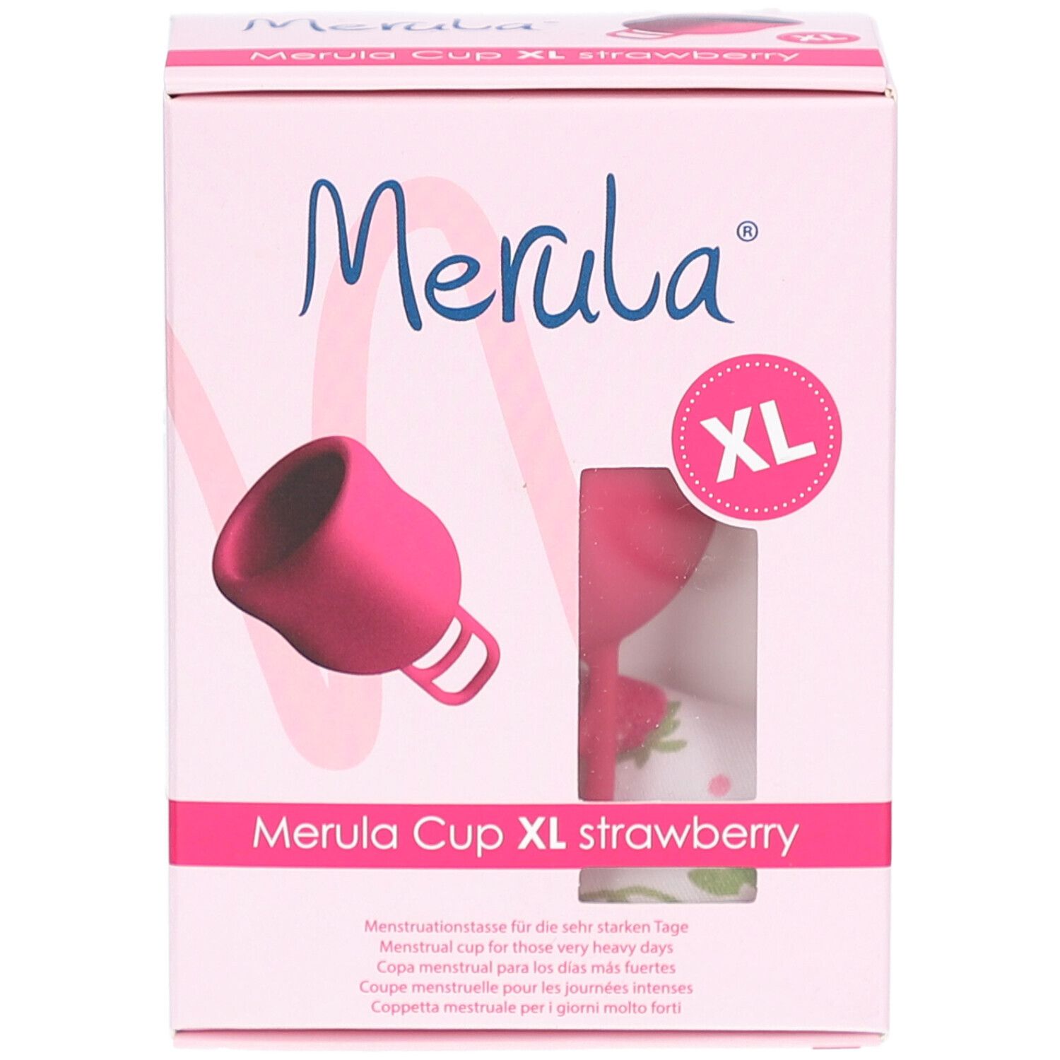 Roze Merula Cup XL in verpakking. Opschrift: Merula, XL, aardbei. Menstruatiecup. Venster met cup.