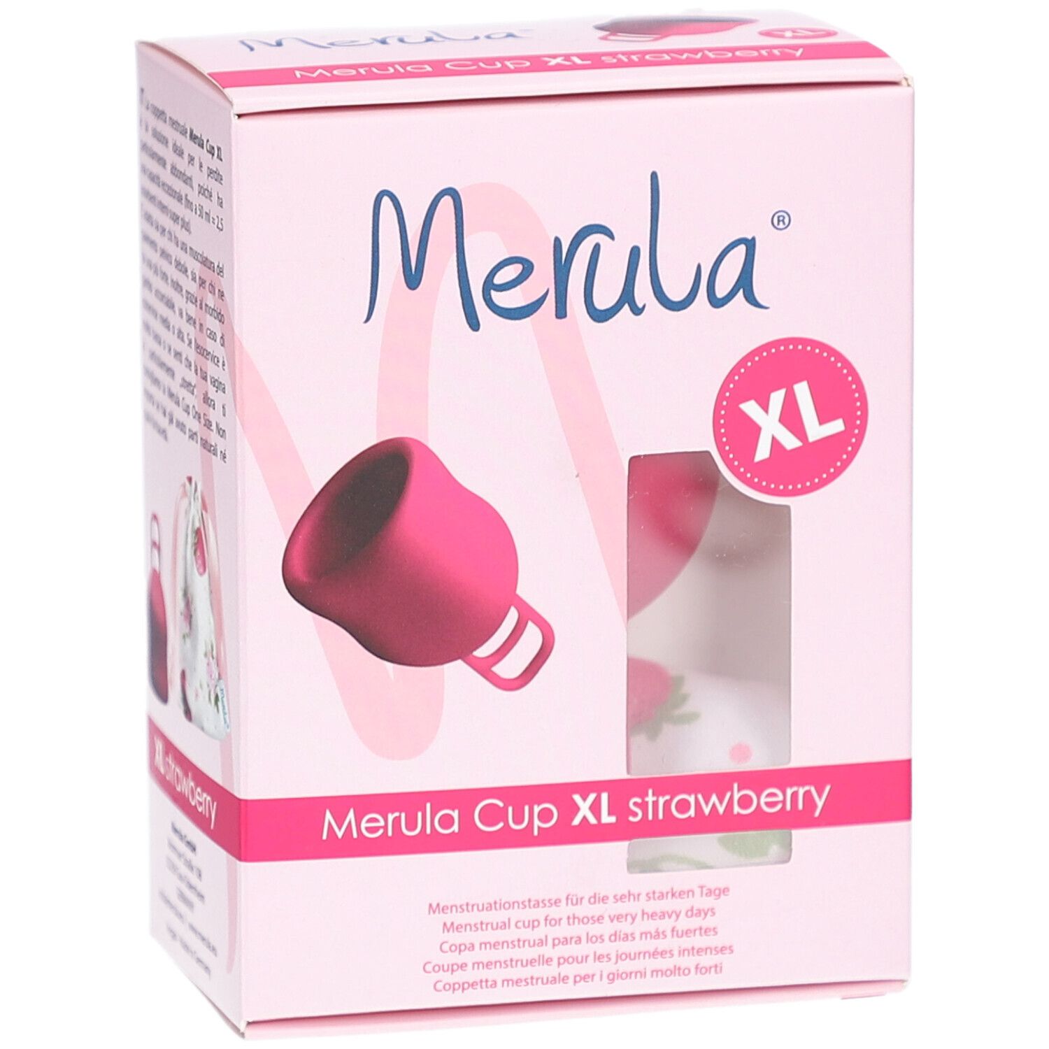 Roze Merula Cup XL in verpakking. Opschrift: Merula, XL, aardbei. Menstruatiecup. Venster met cup.