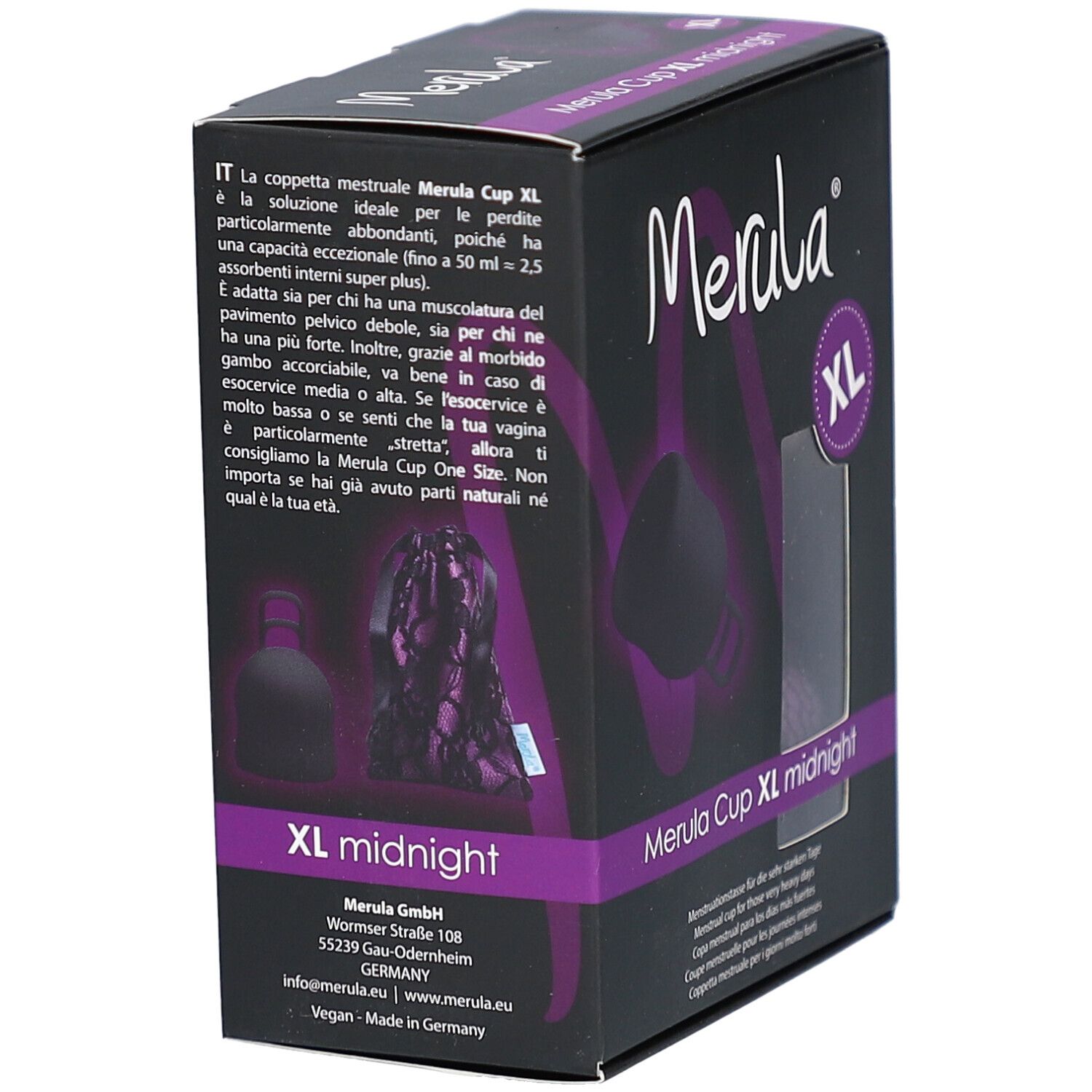 Emballage du produit avec texte en plusieurs langues. Montre une coupe menstruelle XL.