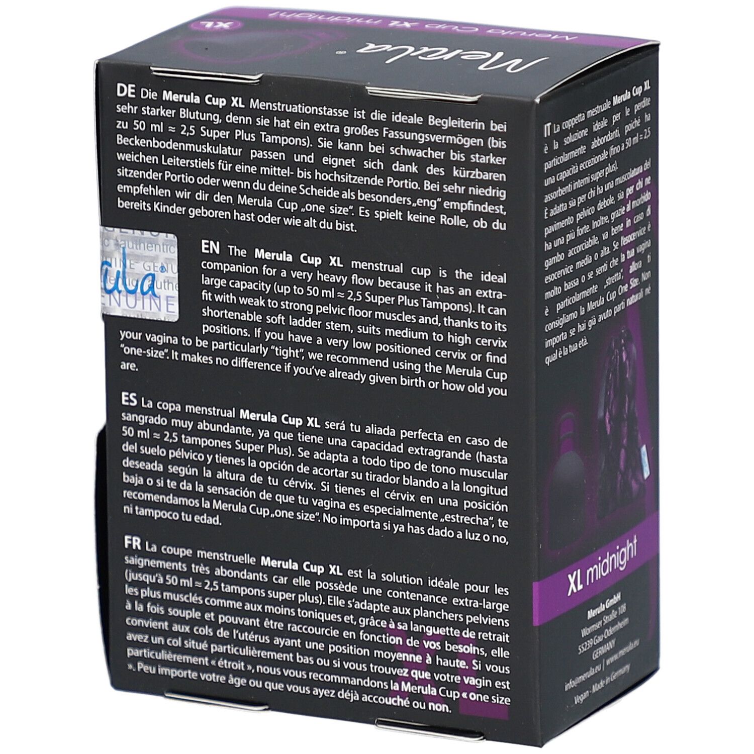 Emballage du produit avec texte en plusieurs langues. Montre une coupe menstruelle XL.