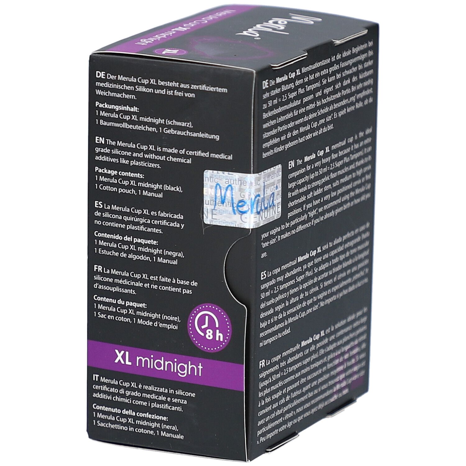 Emballage du produit avec texte en plusieurs langues. Montre une coupe menstruelle XL.