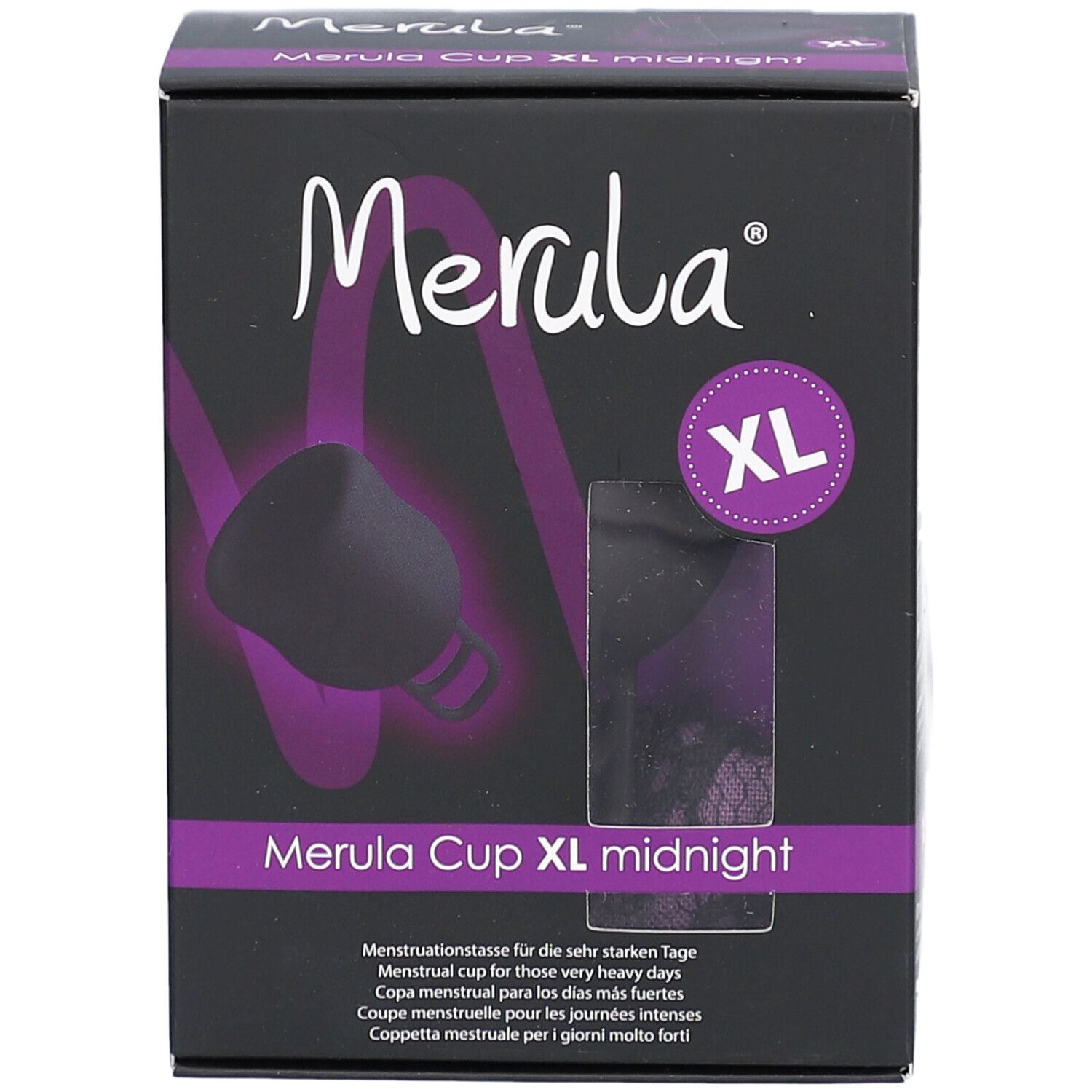 Boîte noire avec illustration du produit et texte. Contient une coupe menstruelle XL.