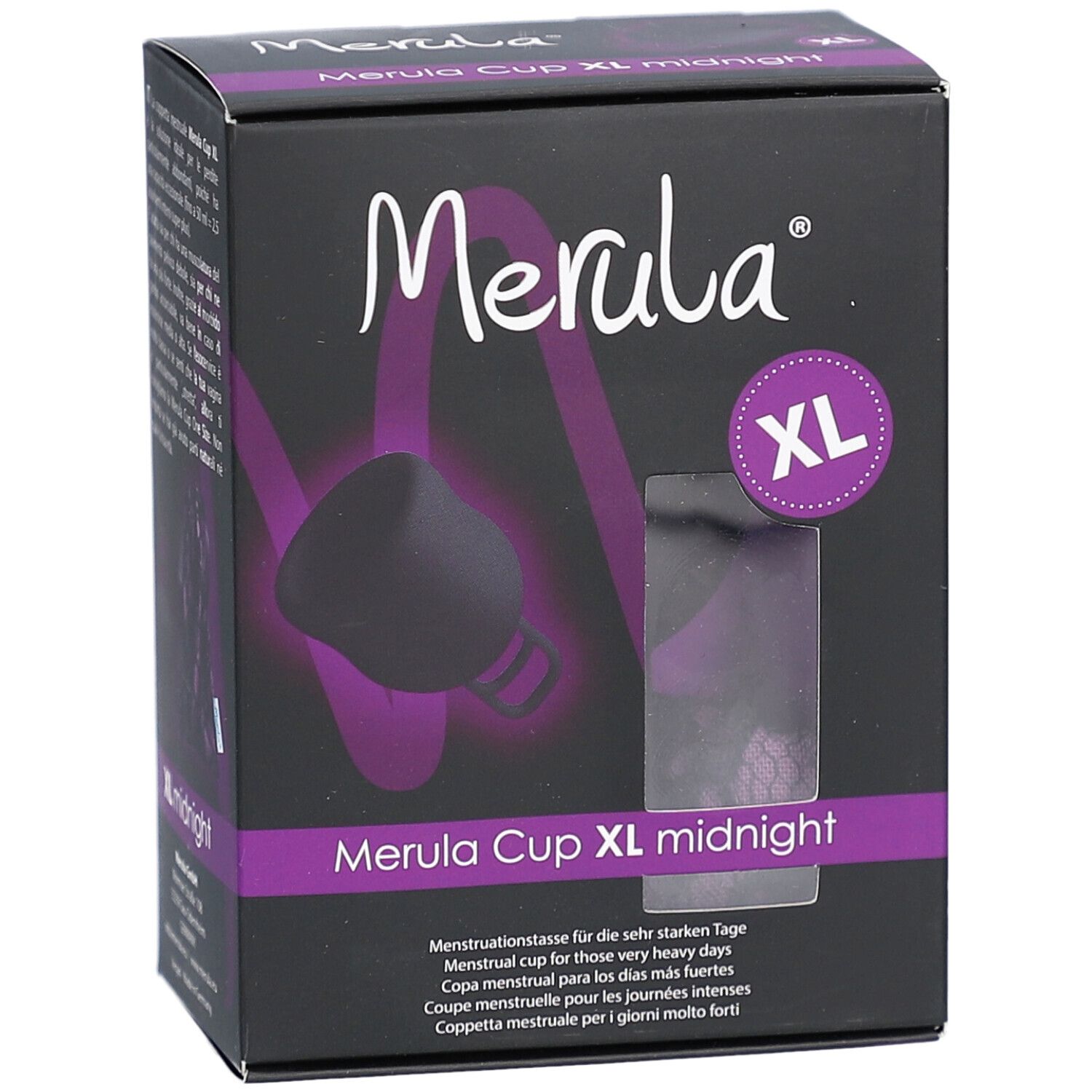 Boîte noire avec illustration du produit et texte. Contient une coupe menstruelle XL.