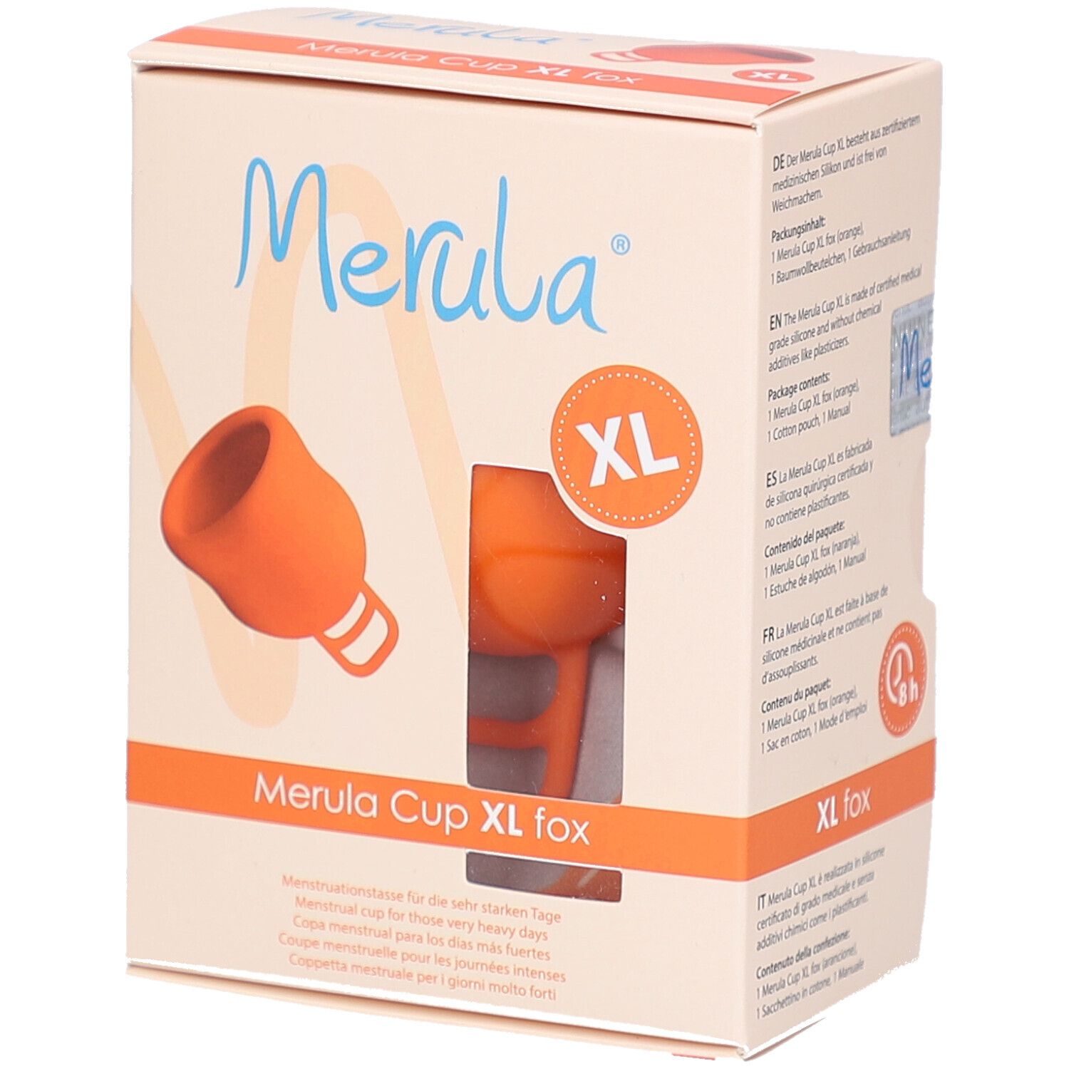 Verpakking Merula Cup XL fox. Oranje menstruatiecup. Productafbeelding en tekst. XL-markering.