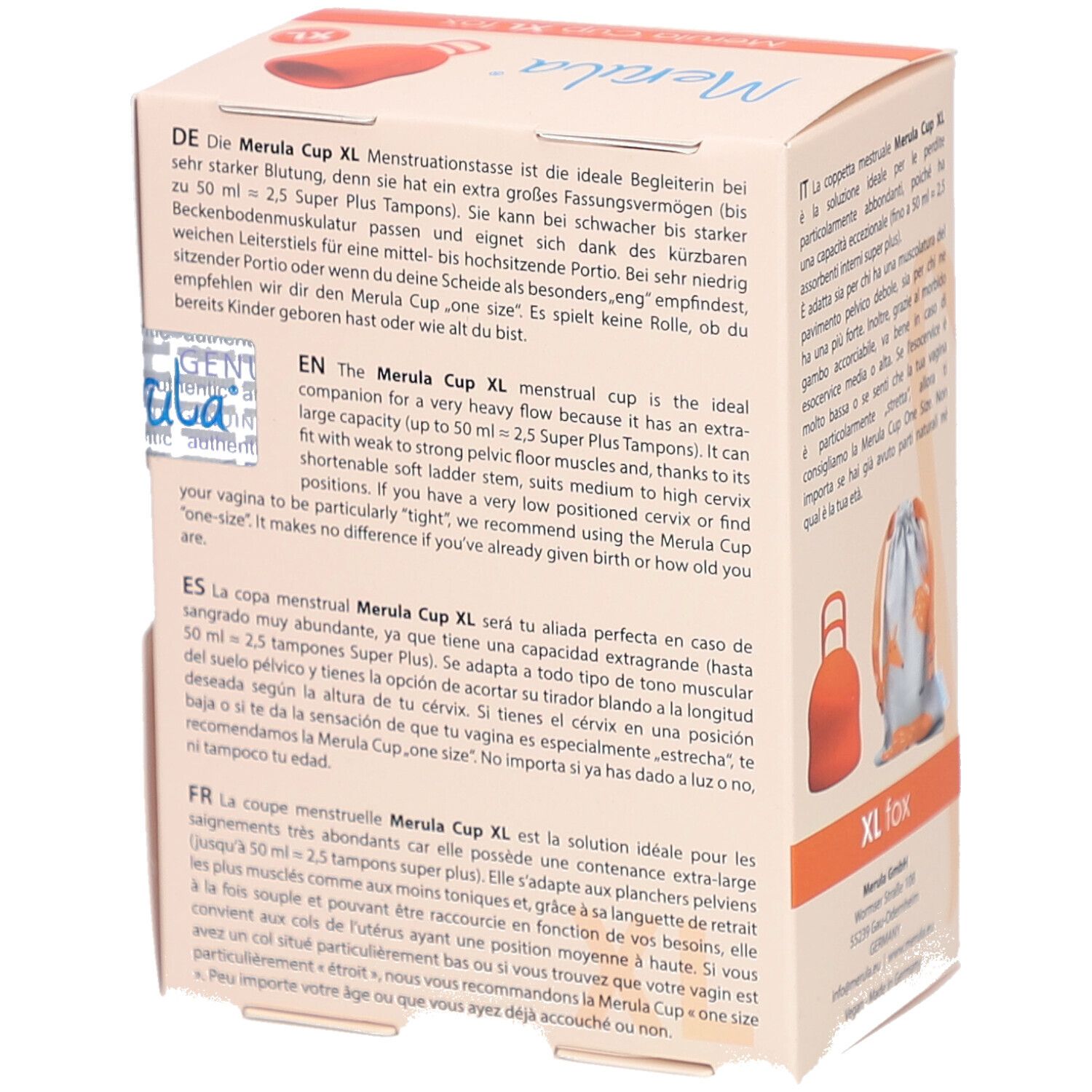 Verpakking Merula Cup XL fox. Tekst, productafbeelding, zakje. XL-markering.