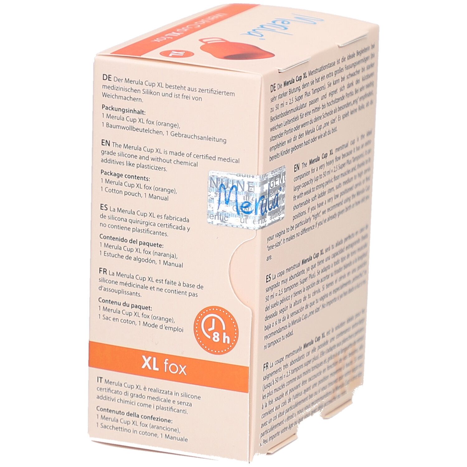 Verpakking Merula Cup XL fox. Tekst, productafbeelding, inhoud. XL-markering.