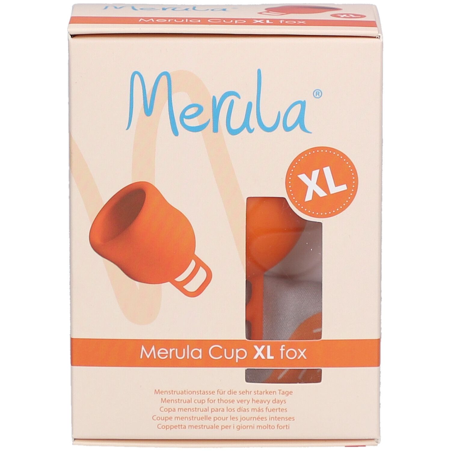 Voorkant verpakking Merula Cup XL fox. Productafbeelding, tekst. XL-markering.