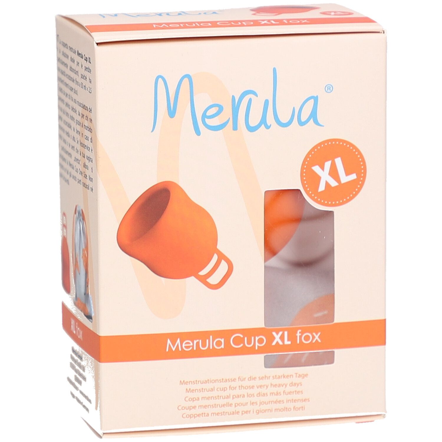 Verpakking Merula Cup XL fox. Productafbeelding, tekst. XL-markering.