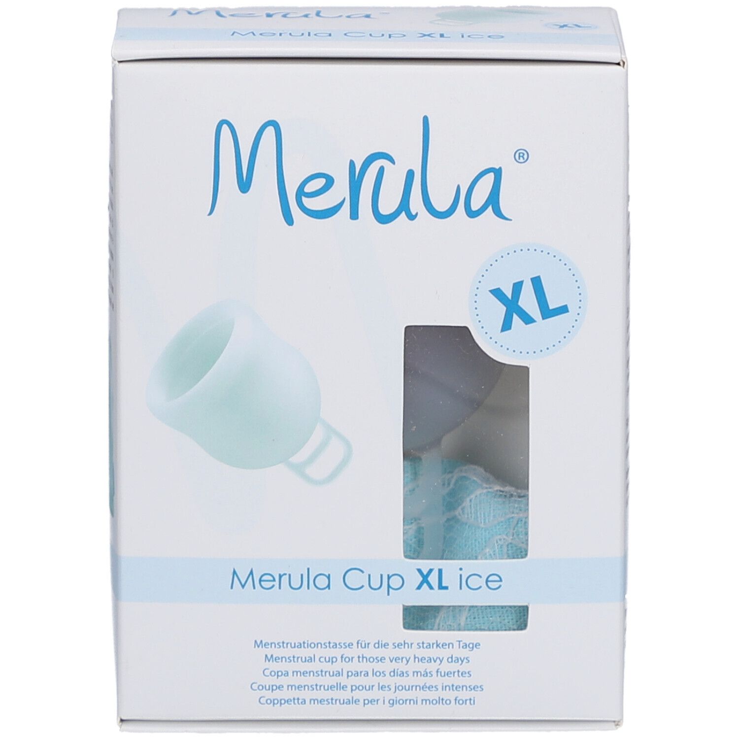 Merula Cup XL ice. Coupe menstruelle pour flux abondants. Boîte avec image et indication XL.
