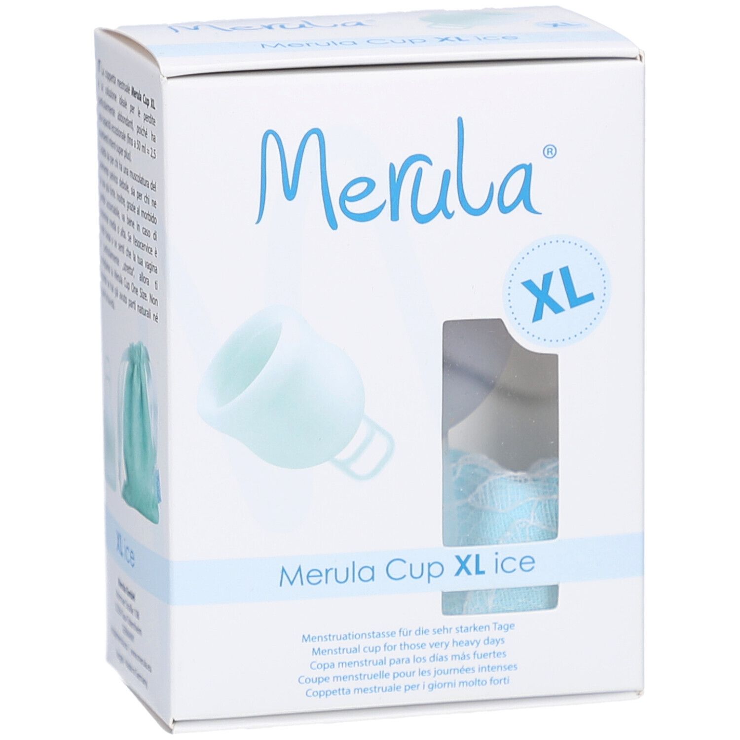Merula Cup XL ice. Coupe menstruelle pour flux abondants. Boîte avec image et indication XL.