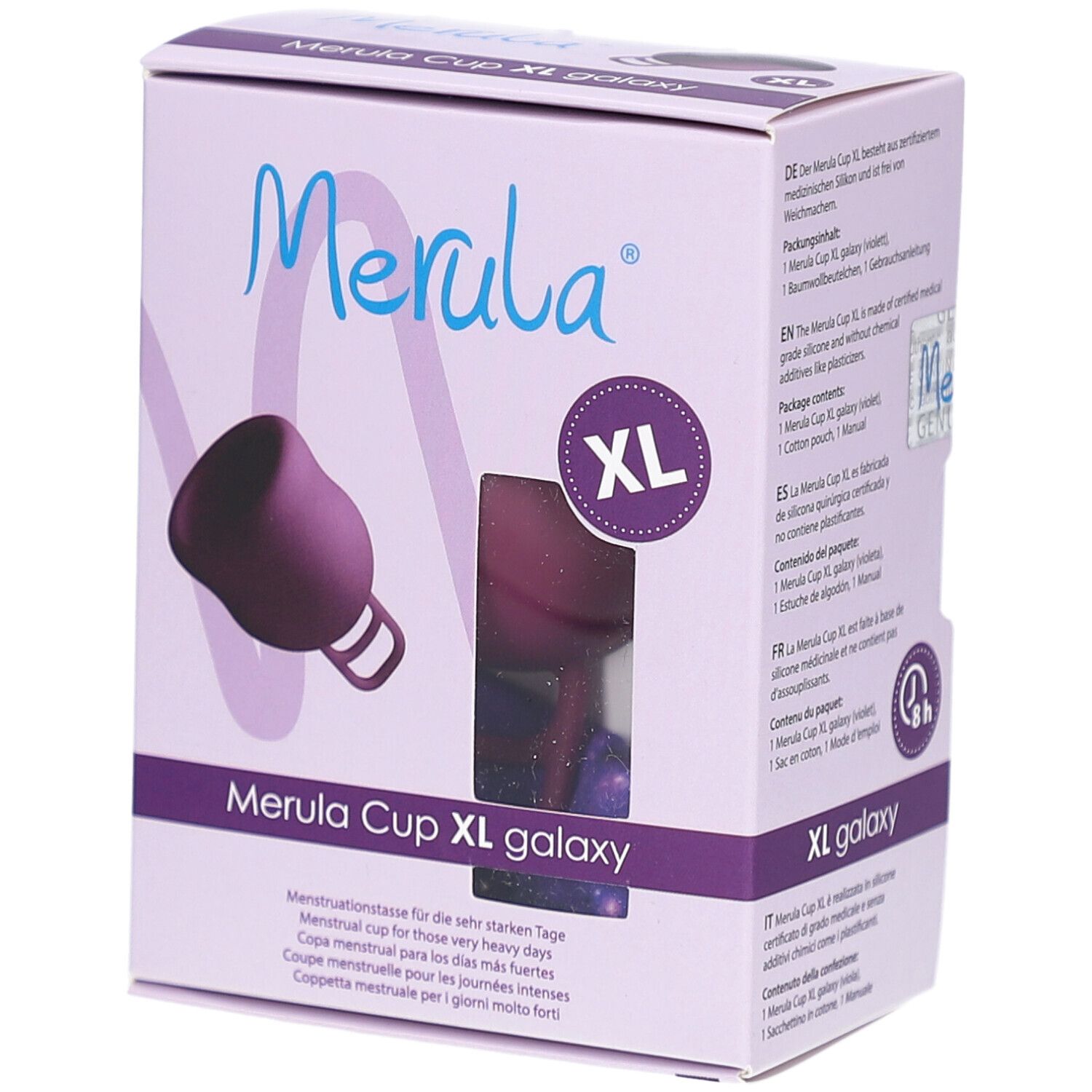 Boîte Merula Cup XL galaxy. Coupe menstruelle violette, taille XL. Fenêtre montrant le produit.