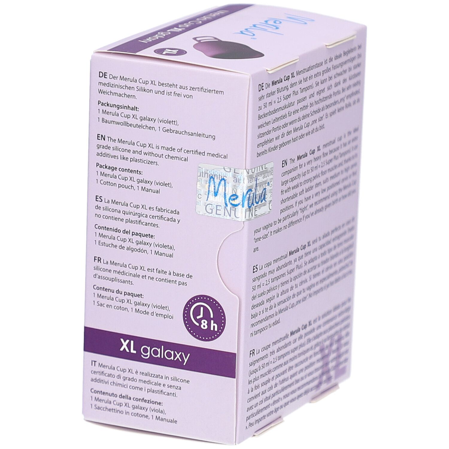 Boîte Merula Cup XL galaxy. Contenu: coupe, pochette, manuel. Silicone certifié.