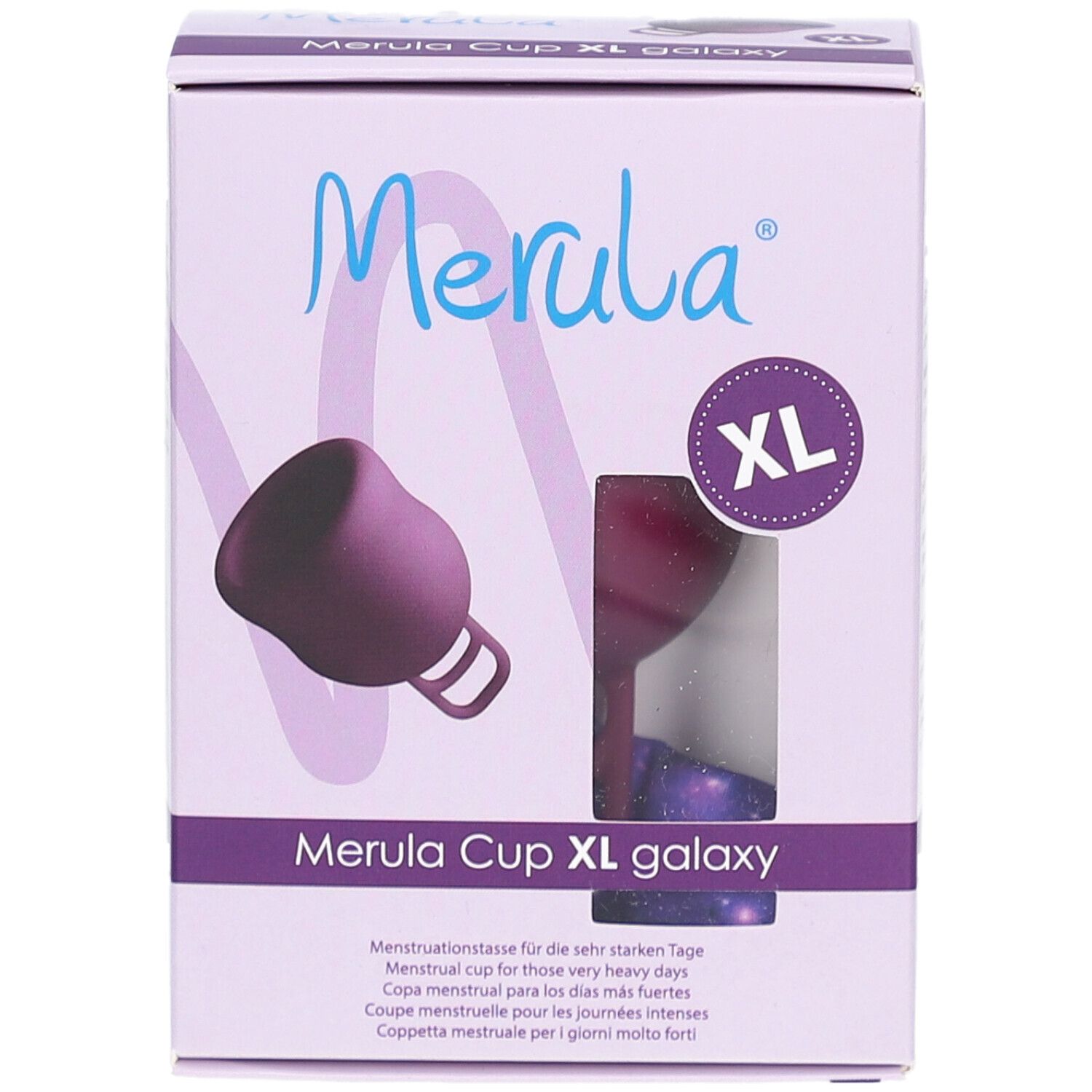 Boîte Merula Cup XL galaxy. Coupe menstruelle violette, taille XL. Fenêtre montrant le produit.