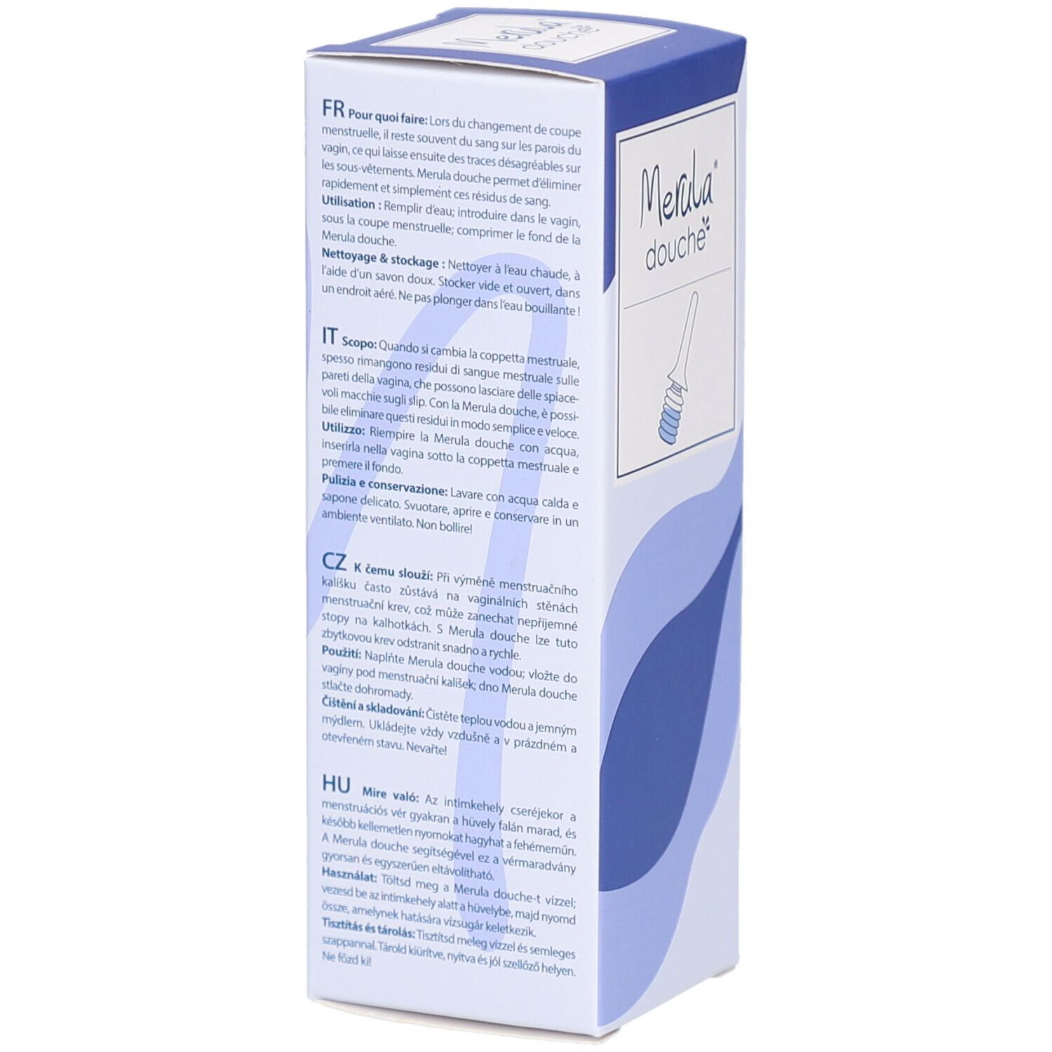 Boîte avec texte en plusieurs langues. Inscription: Merula Douche. Motifs bleus ondulés.
