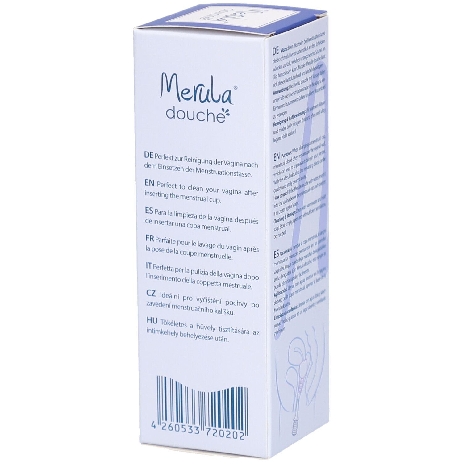 Boîte avec texte en plusieurs langues. Inscription: Merula Douche. Motifs bleus ondulés.