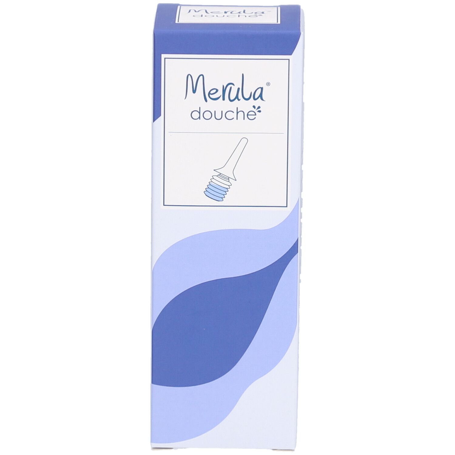 Boîte avec illustration et texte. Inscription: Merula Douche. Motifs bleus ondulés.