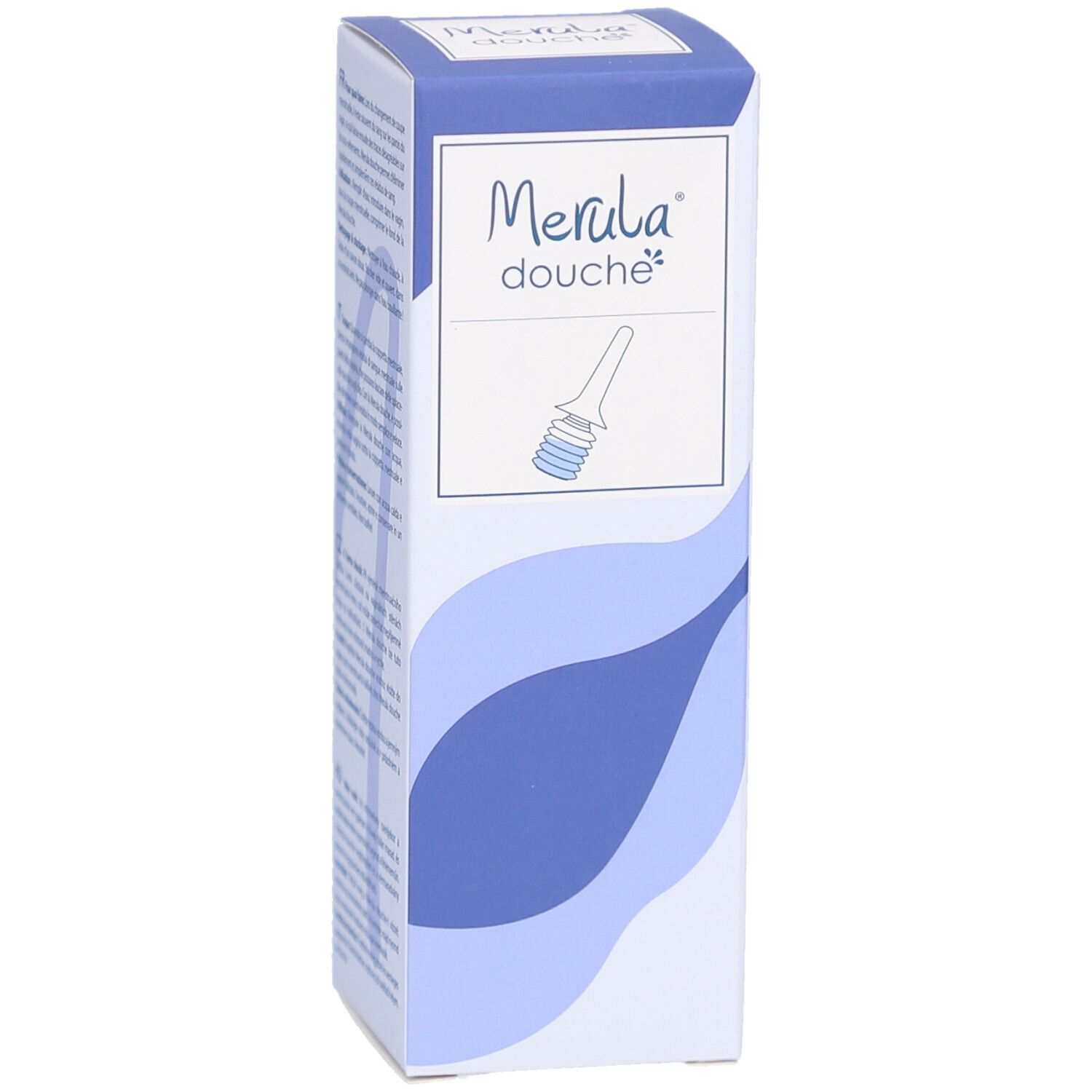 Boîte avec illustration et texte. Inscription: Merula Douche. Motifs bleus ondulés.