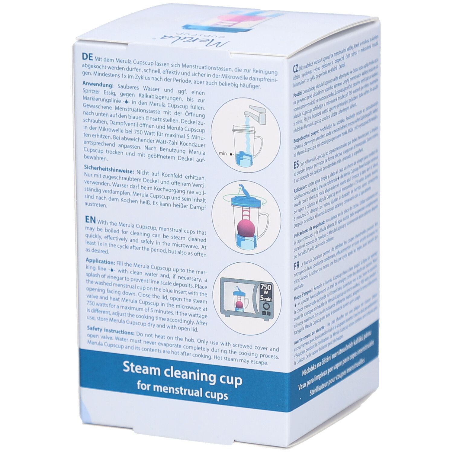 Productverpakking, achterkant. Opschrift: Merula cupscup, stoomreinigingsbeker voor menstruatiecups. Illustraties van gebruik.