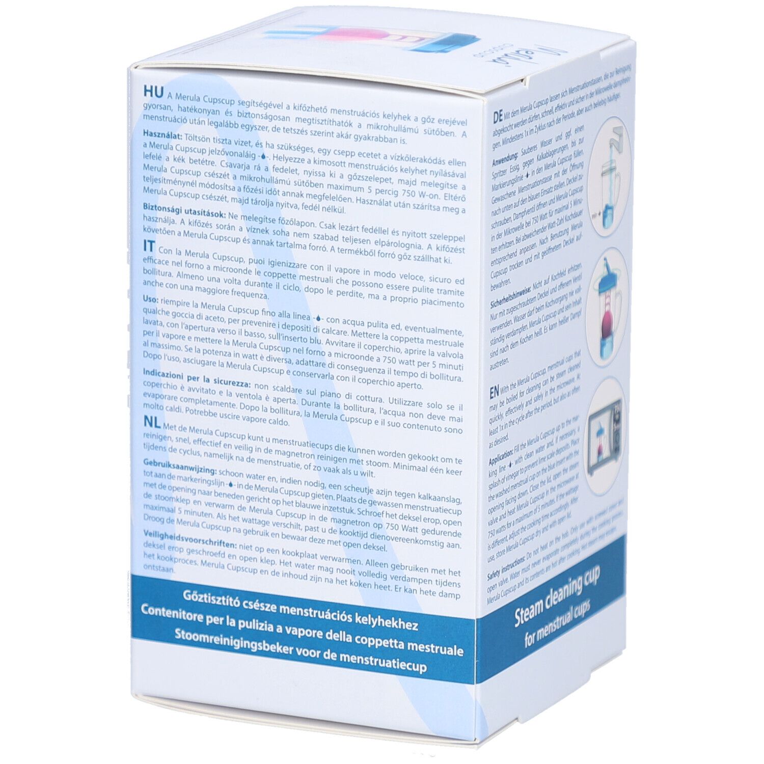 Productverpakking, achterkant. Opschrift: Merula cupscup, stoomreinigingsbeker voor menstruatiecups. Tekst in meerdere talen.