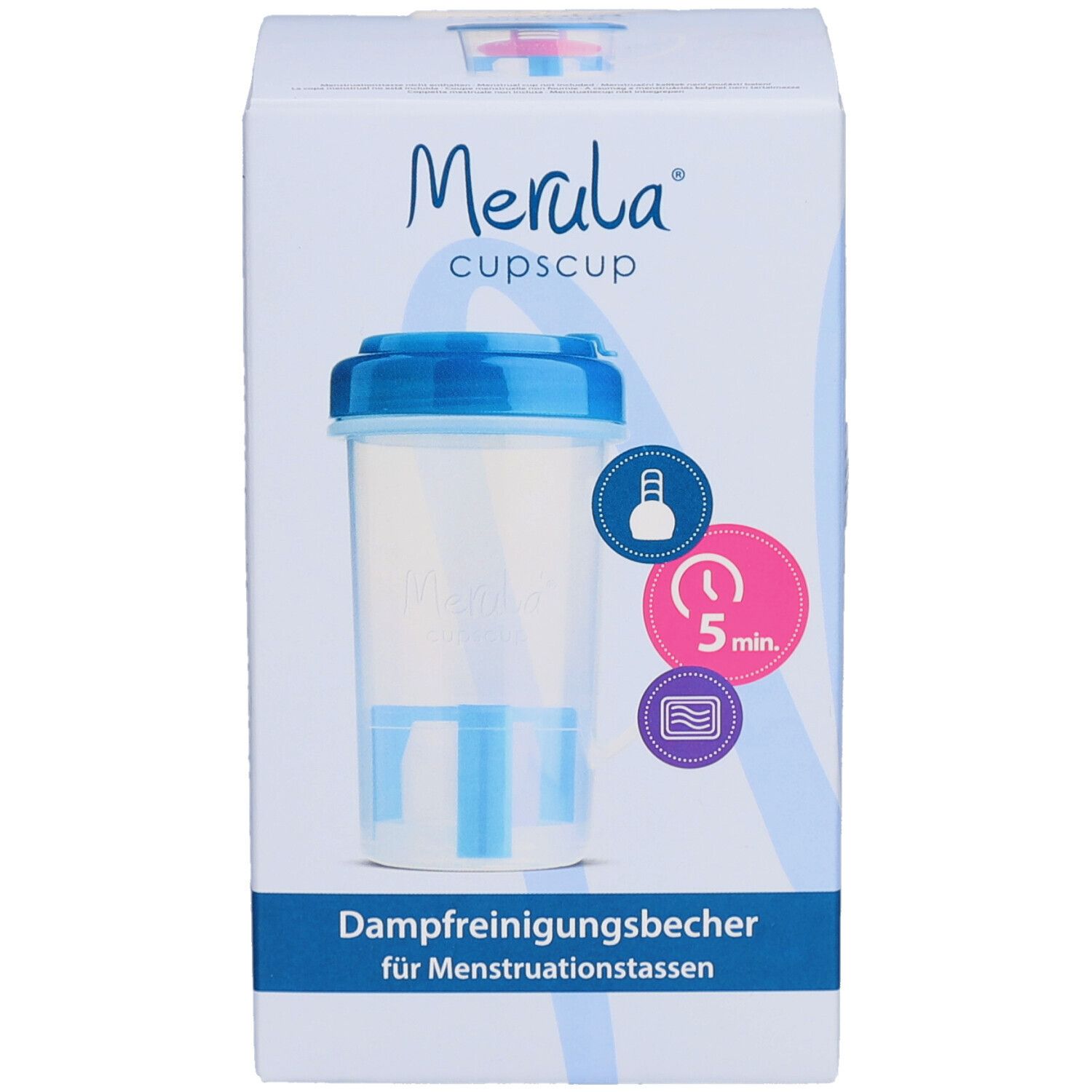 Productverpakking, vooraanzicht. Opschrift: Merula cupscup, stoomreinigingsbeker voor menstruatiecups. Beker met blauwe deksel.