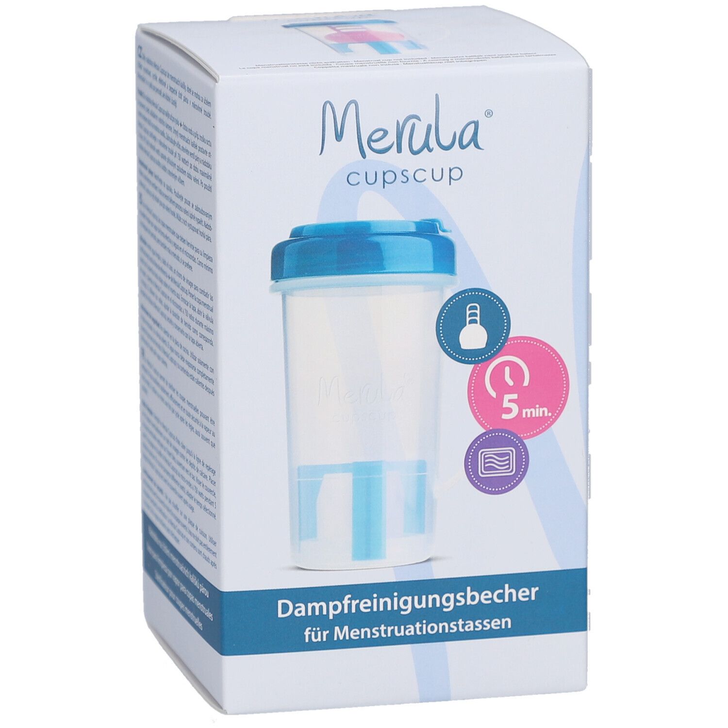 Productverpakking, vooraanzicht. Opschrift: Merula cupscup, stoomreinigingsbeker voor menstruatiecups. Beker met blauwe deksel.