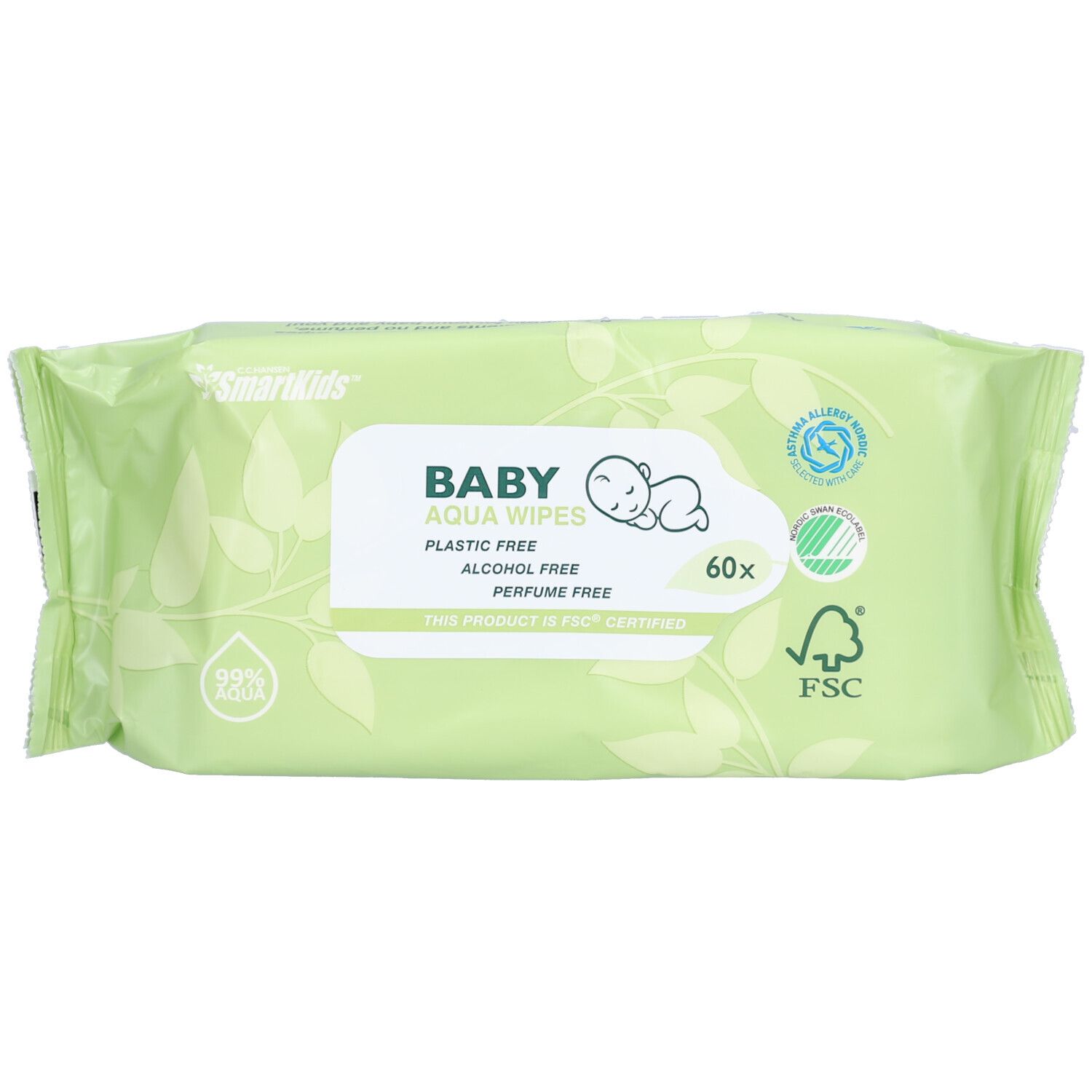 Emballage vert clair avec l'inscription BABY AQUA WIPES. Contient 60 lingettes. Sans alcool et sans parfum. Certifié FSC.